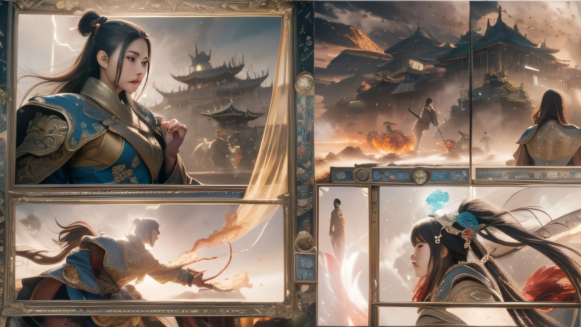 [illustratio，Story split-shots]comic page，There are multiple screens on one page: Chinese male warriors of the Qin Dynasty, A cold face，Symmetrical body, Broken robes，Armed with a bloody blue-edged sword，standing in the wind（Side half close-up）。The battle flag is skewed，Fireworks are everywhere，Enemies in the distance are rushing towards him，breathtaking moment（bblurry，Faraway view）。[Multi-lens burst shooting]:Ultra-wide angle, Cinema lenses,Motion capture, Chiaroscuro, Depth of field 1.8，The protagonist is focused，Cinema lenses，Zao Wou-Ki style（（Storyboard:1.8, Hyper-realistic_layout））Double-ponytailed black-haired female Taoist, Holding a long sword, Fight people， anatomy correct，Golden silk robe，fantasy, Ethereal, (isolation:1.1), (glaze:1.1), (reflective light:1.2), glass, polygon, Ultra detailed, Intricate, oil on the canvas, Dry brush, (surrealism:1.9), (Disturbing:1.1), Enhanced detail., 32K ，Ultra HD photography realistic photos，Comics-like panel layout, Voice balloons, Flying sand and rocks，Goddess of water control，flowing dark hair，Water Goddess 32K，复杂，elegant black hair，highly  detailed，A majestic，Digital photography，Smoke and smoke，surrealism painting，thin fog，Beating magic，Entwined water magic，（tmasterpiece，Cinematic light），hdr，Energy storm(China 1 girl，）Water Goddess 32K，Side shot，Complex arena，full bodyesbian，surrealism painting，Broken rubies，Pulsating dynamic effects，Entwined water magic，（Cinematic light），hdr，Vista rotating storm background