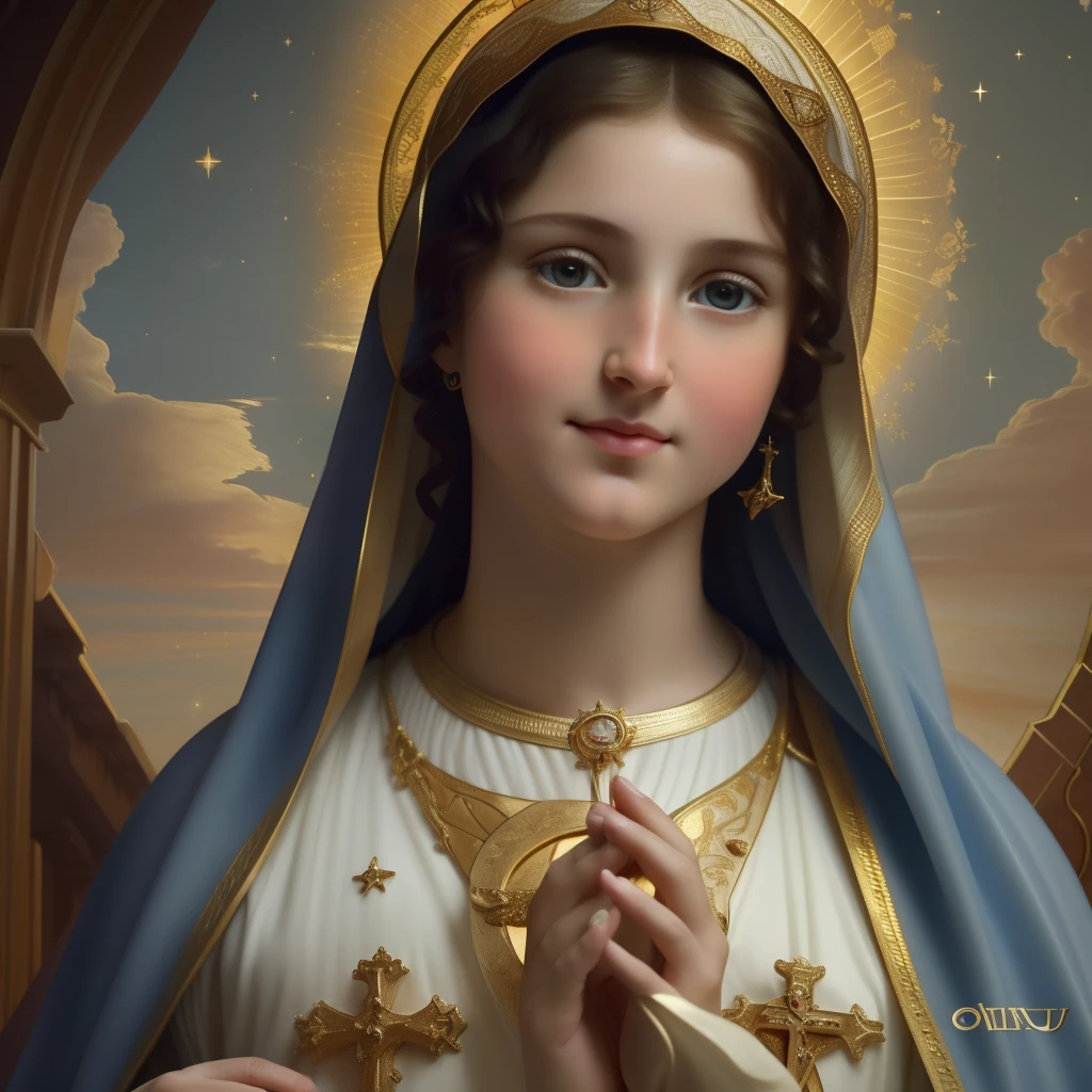 (((Blessed Virgin Mary of Mount Carmel))) Luminoso, en estilo similar al del artista WILLIAM ADOLPHE BOUGUEREAU, obra maestra, (La mejor calidad: 1.2), (super fine: 1.2), illustration, (extremadamente delicado y hermoso: 1.2), movie angle, flotante, (Hermoso ojo de detalle: 1.1), (detalle luz: 1.1), Movie Lights, Cielo delicado, ojos azules, (Cola de caballo alta: 1.1), capa, ojuelos, cielo estrellado, (light particles: 1.1) dibujo, flor. (obra maestra), (La mejor calidad), (fotorrealista:1.3), 8k, Textura detallada de la piel, Textura detallada de la tela, hermosa cara detallada, Detalles intrincados, ultra detallado (cuerpo de cuerpo entero:1.2)