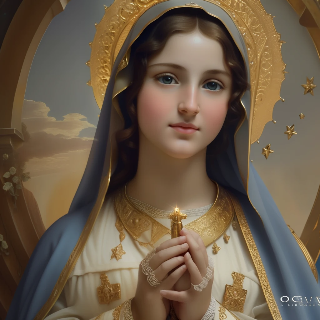 (((Blessed Virgin Mary of Mount Carmel))) Luminoso, en estilo similar al del artista WILLIAM ADOLPHE BOUGUEREAU, obra maestra, (La mejor calidad: 1.2), (super fine: 1.2), illustration, (extremadamente delicado y hermoso: 1.2),  angle, flotante, (Hermoso ojo de detalle: 1.1), (detalle luz: 1.1), Moviets, Cielo delicado, ojos azules, (Cola de caballo alta: 1.1), capa, ojuelos, cielo estrellado, (light particles: 1.1) dibujo, flor. (obra maestra), (La mejor calidad), (fotorrealista:1.3), 8k, Textura detallada de la piel, Textura detallada de la tela, hermosa cara detallada, Detalles intrincados, ultra detallado (cuerpo de cuerpo entero:1.2)