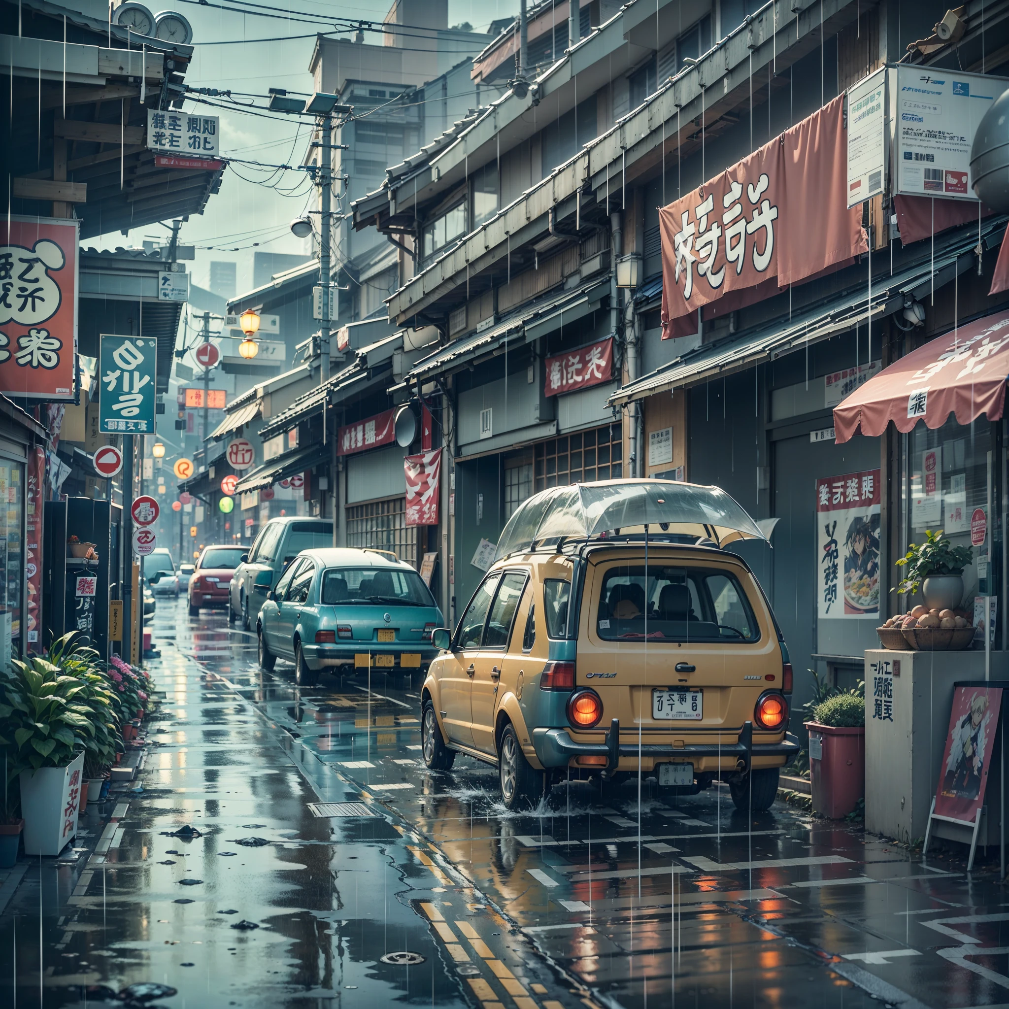 open car trunk in the middle modern, urban, empty Japanese street. Anime background, anime, anime style. big Japanese shop signs, retro Japanese shop banners. (no one :1), no one in sight. gloomy weather, rain, heavy rainfall, heavy rain, puddles. best quality. no faces