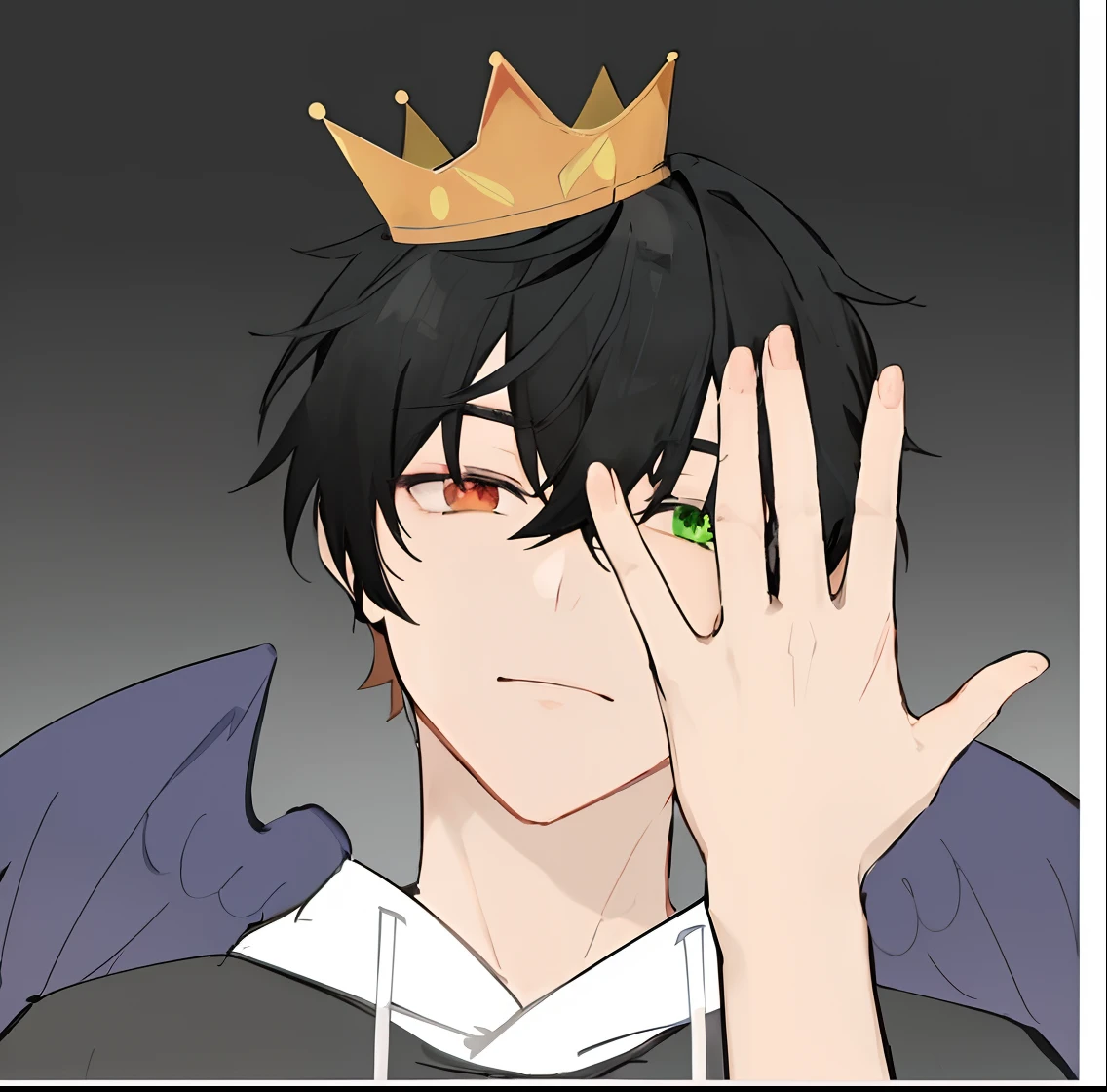 anime boy with a crown on his head and a hand up, the former demon king, wearing a crown and cape, wearing a crown and suit, wearing a crown and green cape, in a crown, with a crown, with index finger, wearing a crown
