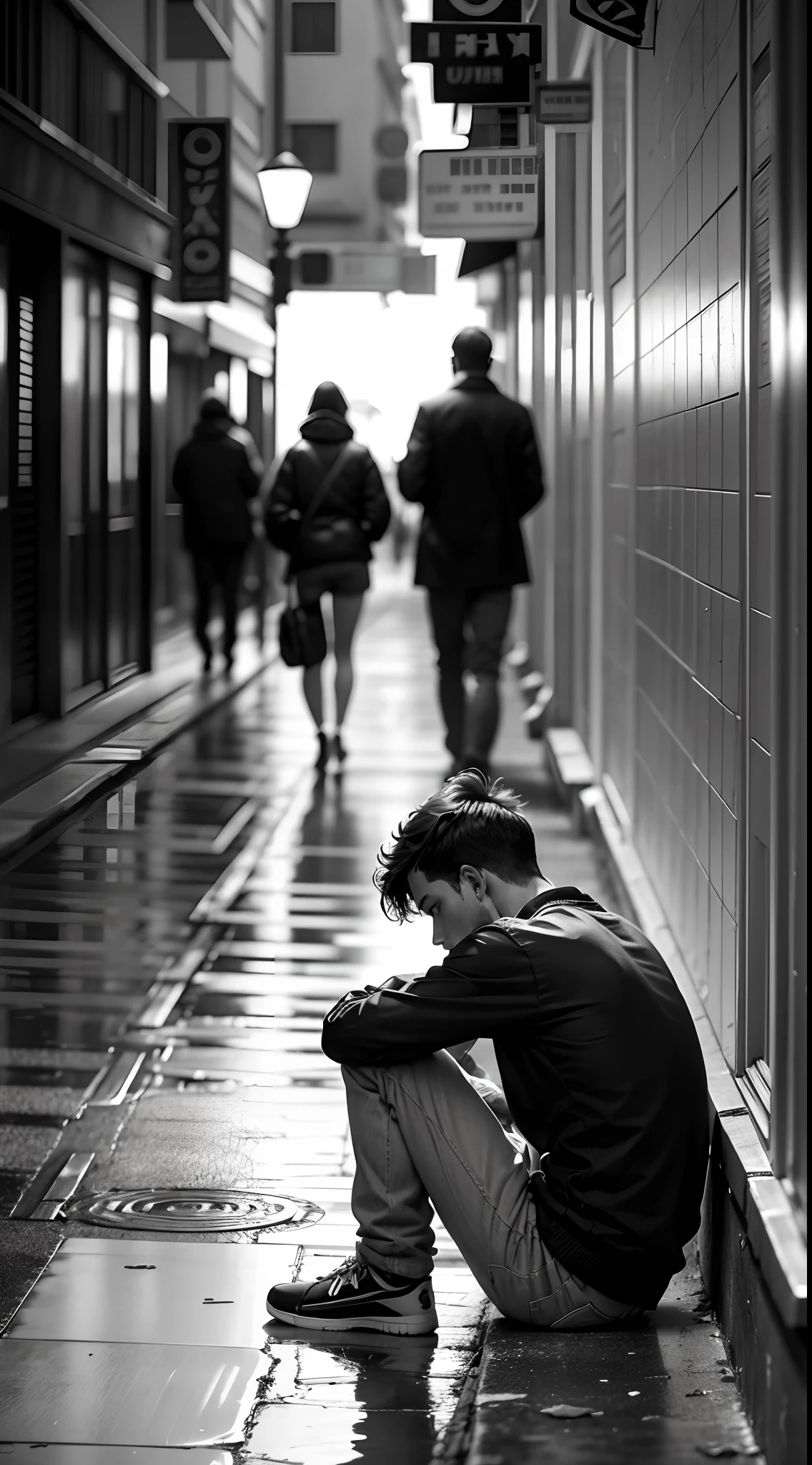 People sitting on the ground,In the distance are all virtual people,Ultimate loneliness,solitary Man,Lost friends,lost hope,Only black and white street backs remain,photore,photorealestic,The picture is black, white and gray tones,Highlight the lonely back of losing a friend,ultra-wide-angle,Extreme light and shadow,Extreme light chasing,Extremely delicate portrayal of character psychology,Super chiaroscuro,The ultimate sense of loneliness