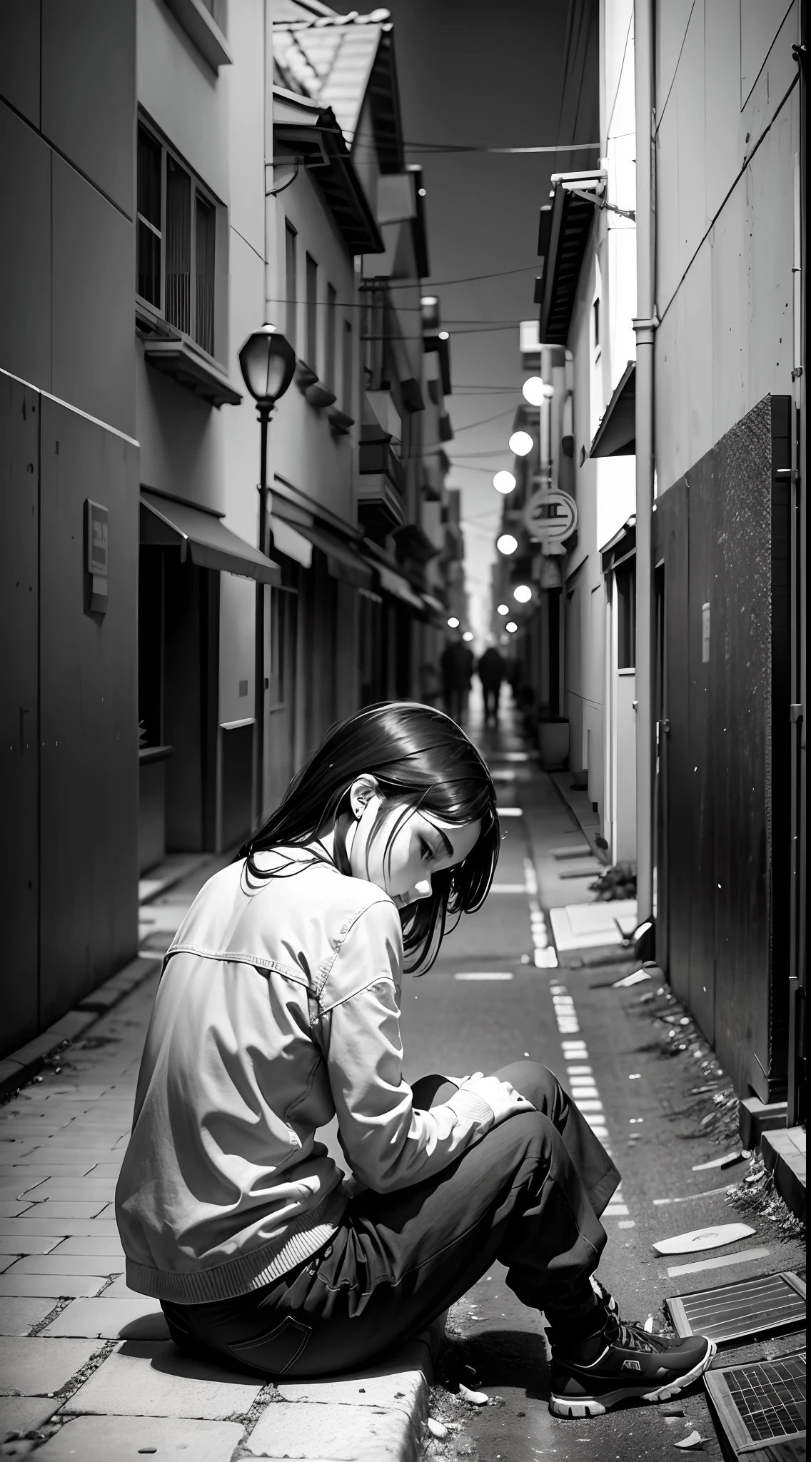 People sitting on the ground，In the distance are all virtual people，Ultimate loneliness，solitary Man，Lost friends，lost hope，Only black and white street backs remain，photore，photorealestic，The picture is black, white and gray tones，Highlight the lonely back of losing a friend，ultra-wide-angle，Extreme light and shadow，Extreme light chasing，Extremely delicate portrayal of character psychology，Super chiaroscuro，The ultimate sense of loneliness