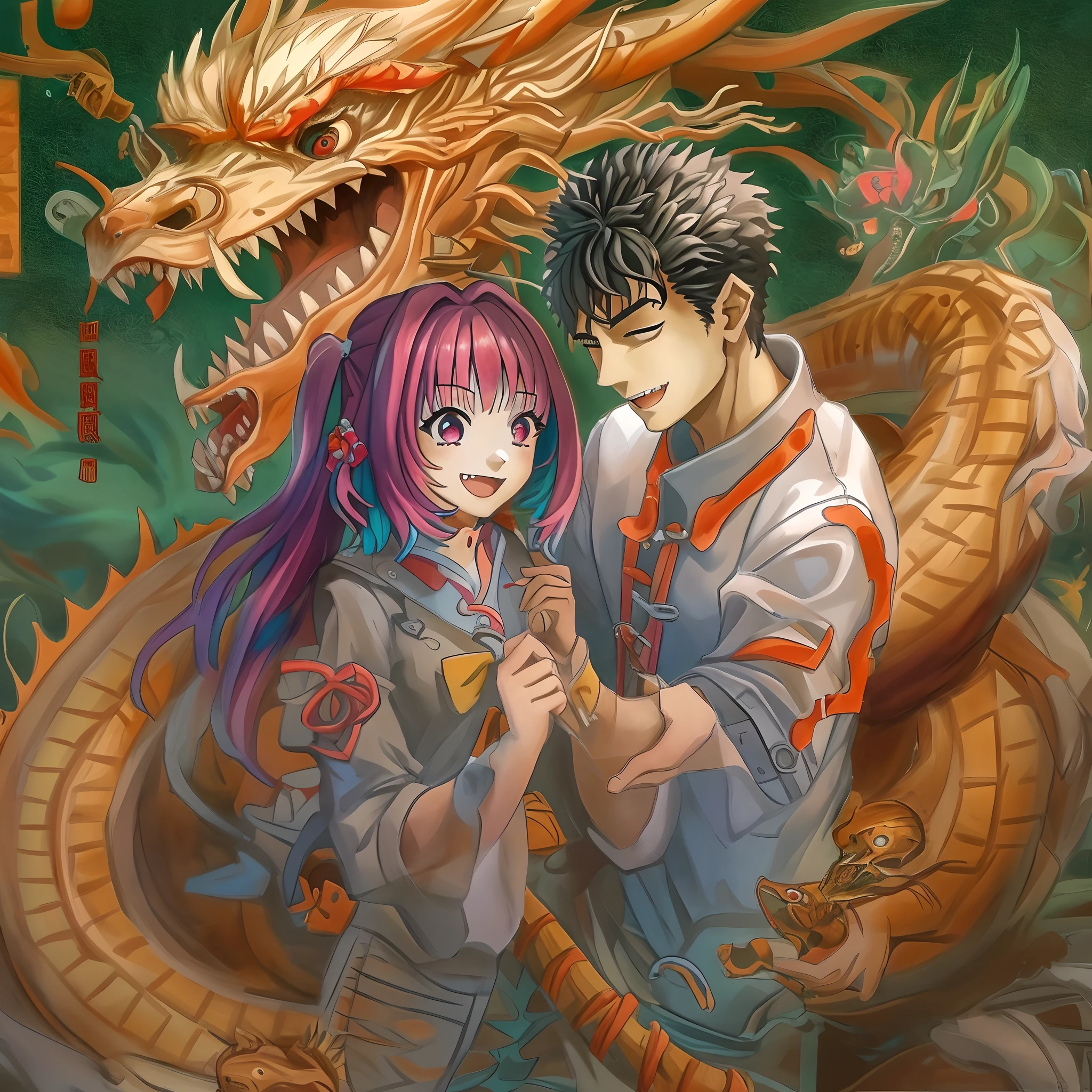 1girl,1boy, masterpiece, best quality, making friends with the Chinese dragon, fun, happy, bright, loong,guts , riamu,couple, happy,