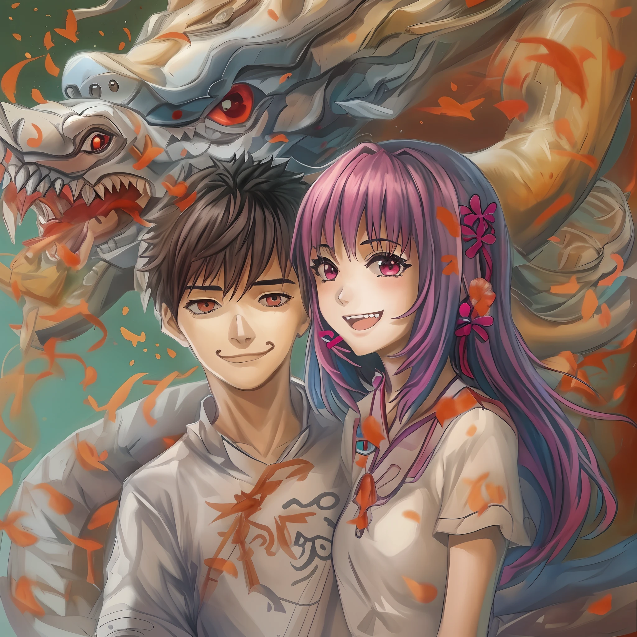 1girl,1boy, masterpiece, best quality, making friends with the Chinese dragon, fun, happy, bright, loong,guts , riamu,couple, happy,