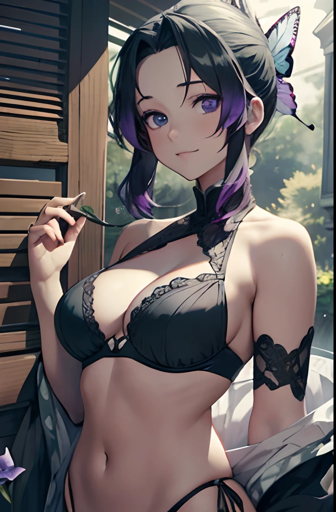 Ultra-realistic 8kCG,tmasterpiece,((hyper detailed background,delicate patterns,intricate-detail)),best qualtiy,extremely detailed man,extremely detailed eye and face,extremely detailed eye,kochou shinobu,O cabelo multicolorido,No bangs,Hair intake,Black eye,Cap,Black shirt,Black panties,(The bikini),butterflys,Strip Strip,(Trepical Garden:1.2),purple flower,Mostly cloudy sky,rays of sunshine,Tyndall effect,gradient_Heaven,faces,Beautiful sky,Saber on the waist,enchanting posture,(large full breasts:1.3),(cleaveage:1.3),(Off-the-shoulder costumes:1.5),ssmile, Appearance from behind, butt sticks out