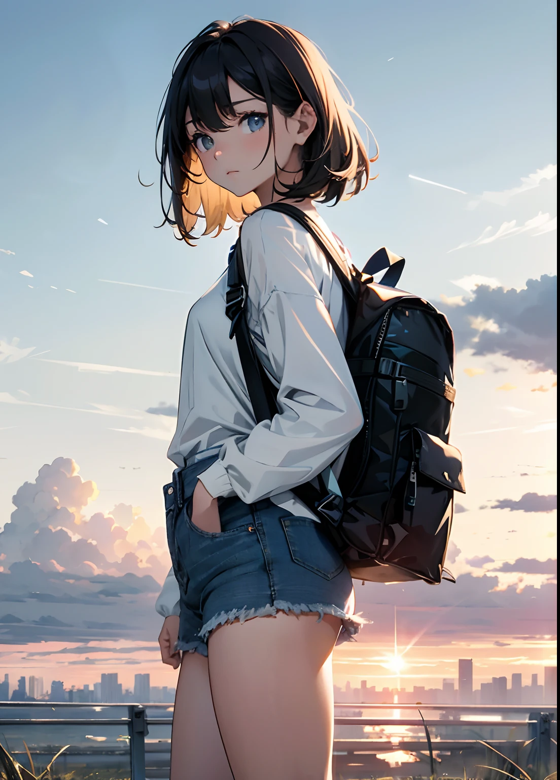 (beautiful and magnificent skyline, majestic sky), (extremely tense and dramatic pictures, moving visual effects), (high hanging Polaris, colorful natural light), (1girl), (long-sleeved top, denim shorts, carrying a backpack), (dynamic pose:1.3, black eyes, black hime-cut hair, sparkling girl)[:0.8], (large grassland), (oncoming breeze), (brown hair and background Coordination effect: 1.2), (close shot, long shot mix and match)[::0.9]