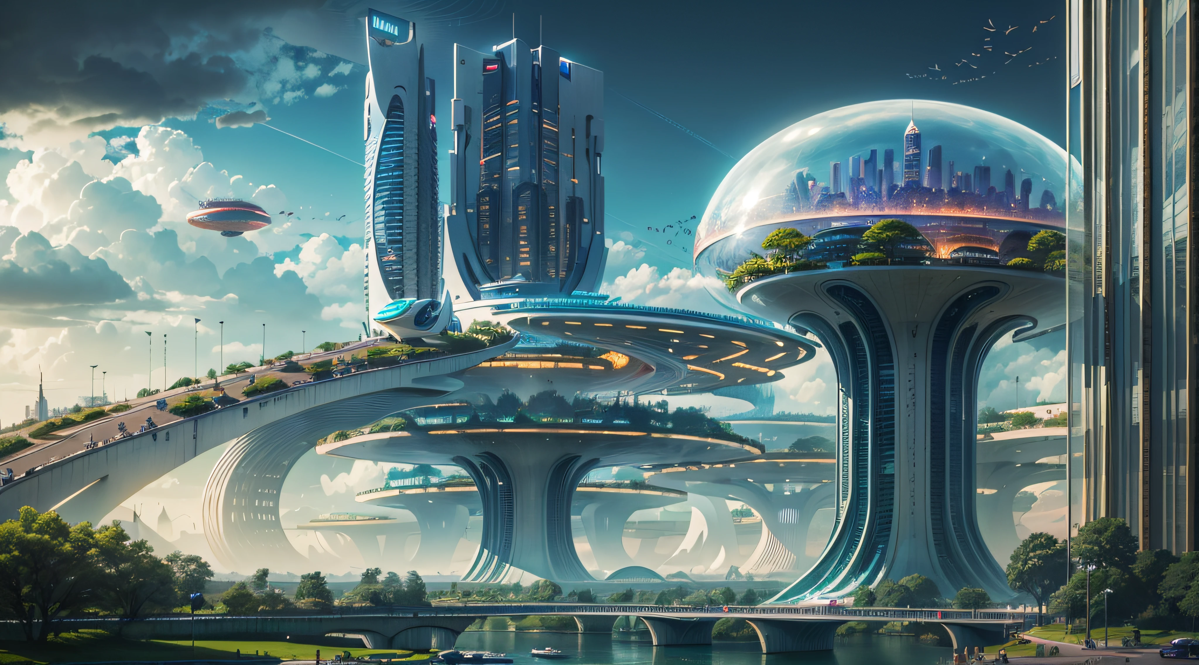 (Best quality,4K,8K,A high resolution,Masterpiece:1.2),Ultra-detailed,(Realistic,Photorealistic,photo-realistic:1.37),Futuristic floating city,Futuristic technology,Huge urban high-tech tablet platform,Airship,Floating in the sky,Futuristic city,Small airships around,High-tech hemispherical platform,Colorful lights,Advanced architecture,modernn architecture,skyscrapper,Access the cloud,Scenic beauty,view over city,Impressive design,Blend seamlessly with nature,energetic and vibrant atmosphere,Futuristic transportation system,Parking is suspended,Transparent path,Lush greenery,Sky gardens,cascading waterfalls,Magnificent skyline,reflections on the water,Sparkling river,Architectural innovation,futuristic skyscrapers,Transparent dome,The shape of the building is unusual,Elevated walkway,Impressive skyline,Glowing lights,Futuristic technology,Minimalist design,Scenic spots,Panoramic view,Cloud Piercing Tower,Vibrant colors,epic sunrise,epic sunset,Dazzling light display,magical ambiance,The future city,Urban Utopia,LuxuryLifestyle,Innovative energy,sustainable development,Smart city technology,Advanced infrastructure,Tranquil atmosphere,Nature and technology live in harmony,Awesome cityscape,Unprecedented urban planning,Architecture connects seamlessly with nature,High-tech metropolis,A cutting-edge engineering marvel,The future of urban living,Visionary architectural concept,Energy-efficient buildings,Harmony with the environment,A city floating above the clouds,Utopian dreams become reality,The possibilities are endless,State-of-the-art transportation network,Green energy integration,Innovative materials,Impressive holographic display,Advanced communication system,Breathtaking aerial view,Quiet and peaceful environment,Modernist aesthetics,Ethereal beauty