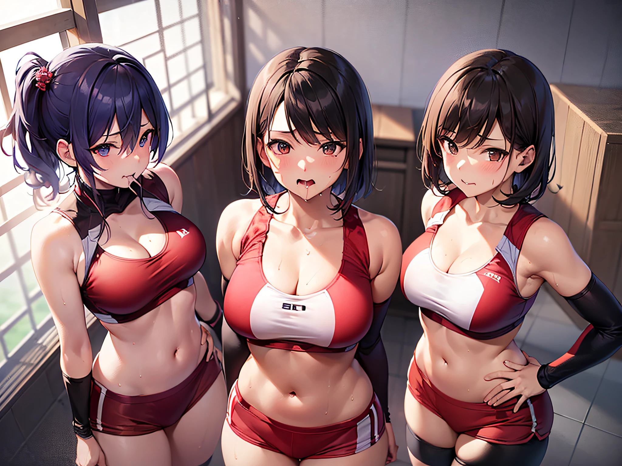 NSFW,(masutepiece, Highest Quality), High resolution, (Real Stick: 1.3), (Red tight volleyball uniform:1.2), 4 girl in , A MILF, (Black short hair:1.1), Smaller bust size, Larger hips,Biting bloomers, Short stature, is standing,Sweat,(Chest up, From above:1.2), (Gymnasium:1.1), Cute attractive mature Japan woman