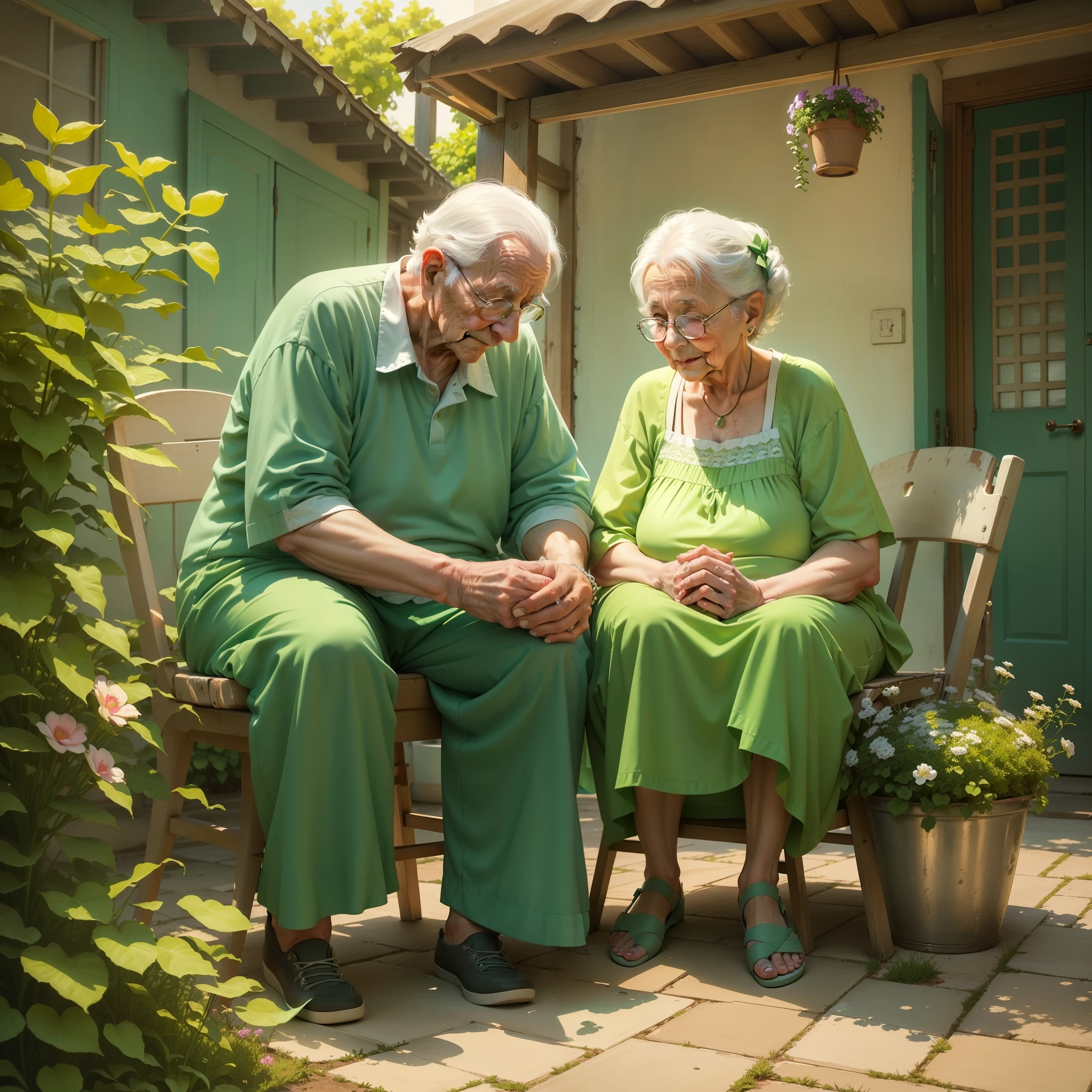 (old granpa and old granma in love with each other, grandma wearing white T-shirt and white pants , grandma wearing a green dress, sitting on their patio together),illustration,acrylic painting,[vibrant colors],[family bonding],[lovely scene],[peaceful atmosphere],(best quality,highres,masterpiece:1.2),ultra-detailed,[natural lighting],[nostalgic],happy mood,warm tones