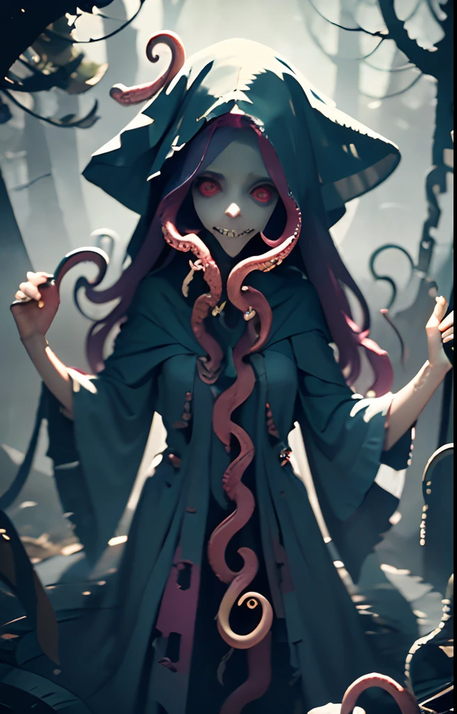 Creepy Girl, wrapped in cloth and rags, she walks through the swamp like a ghost. She has long purple hair, A lot of hands, eyes full of hatred, wicked smile. Long tentacles are visible from under her dress. She is a complete monster and no one can stop this horror. The swamp is immersed in fog and haze, and the girl hides in the fog to strangle and devour the next victim;