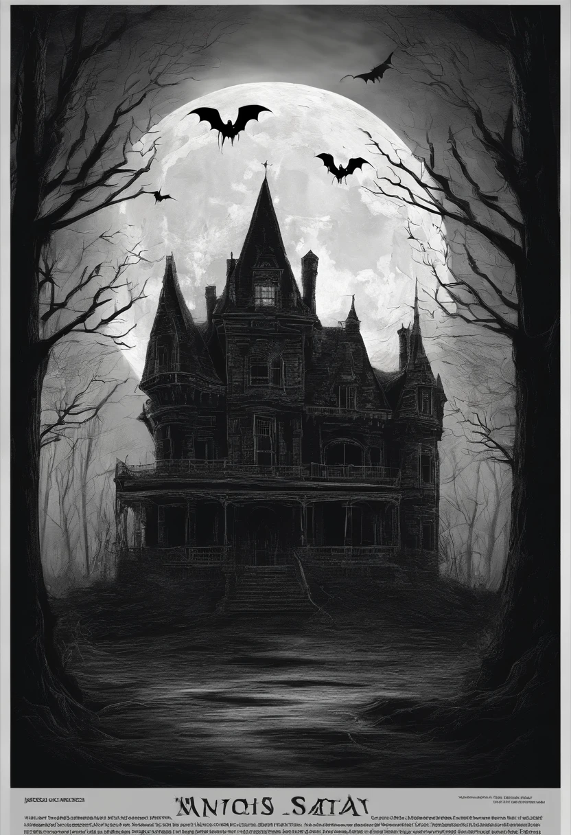 Moonlit forest, haunted castle, flying bats, witches' shadows, foggy ambiance, eerie lights, ghostly silhouettes, dripping letters, ghoulish treats, costume contest.