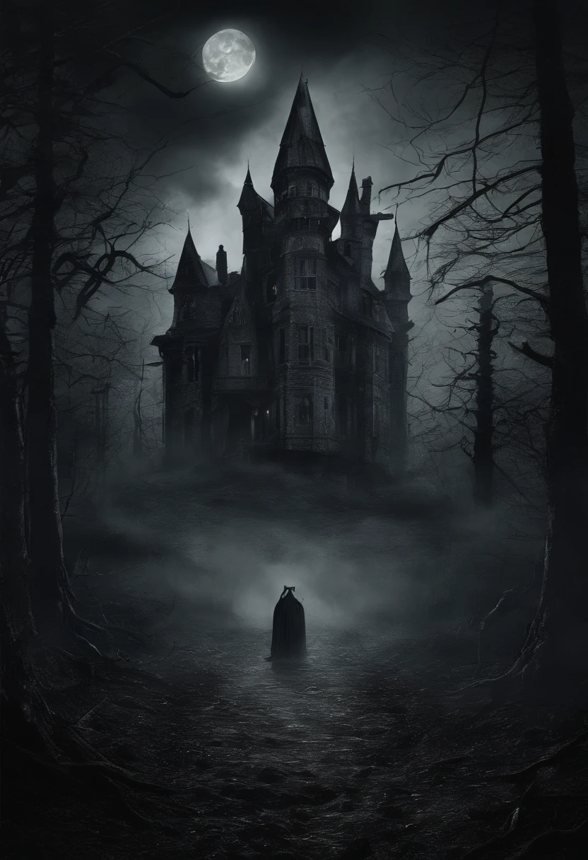 Moonlit forest, haunted castle, flying bats, witches' shadows, foggy ambiance, eerie lights, ghostly silhouettes, dripping letters, ghoulish treats, costume contest.