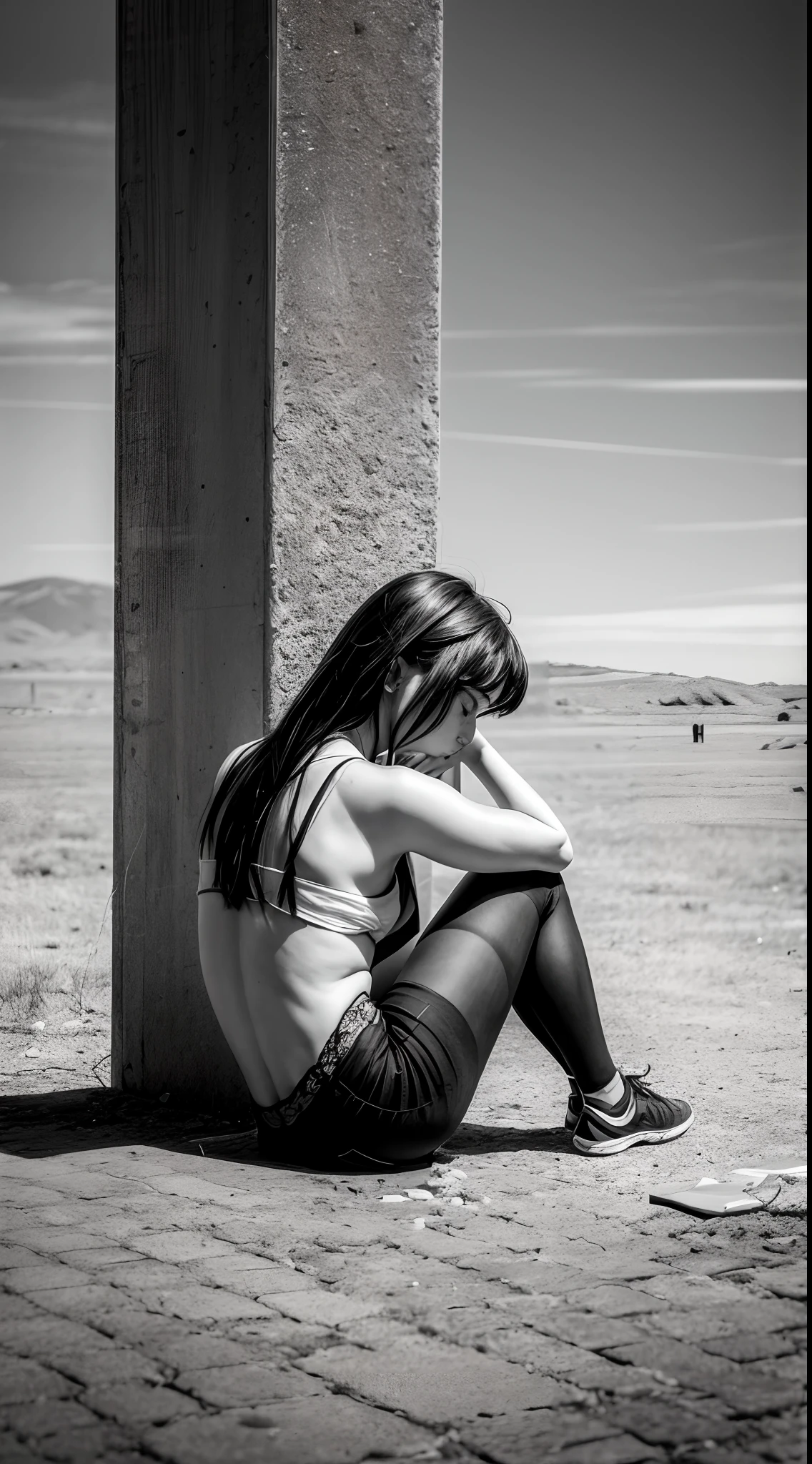 People sitting on the ground,In the distance are all virtual humans,Ultimate loneliness,solitary Man,Lost friends,lost hope,Only black and white street backs remain,photore,photorealestic,The picture is black, white and gray tones,Highlight the lonely back of losing a friend,ultra-wide-angle,Extreme light and shadow,Aurora chase,Extremely delicate portrayal of the psychology of the characters,Super chiaroscuro,The ultimate sense of loneliness