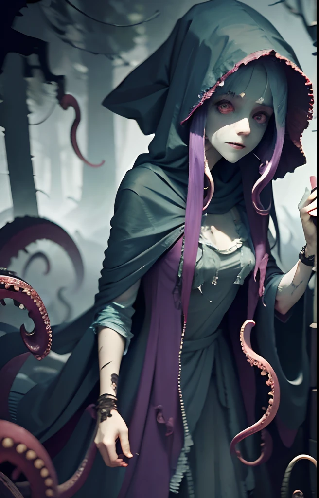 Creepy Girl, wrapped in cloth and rags, she walks through the swamp like a ghost. She has long purple hair, A lot of hands, eyes full of hatred, wicked smile. Long tentacles are visible from under her dress. She is a complete monster and no one can stop this horror. The swamp is immersed in fog and haze, and the girl hides in the fog to strangle and devour the next victim;