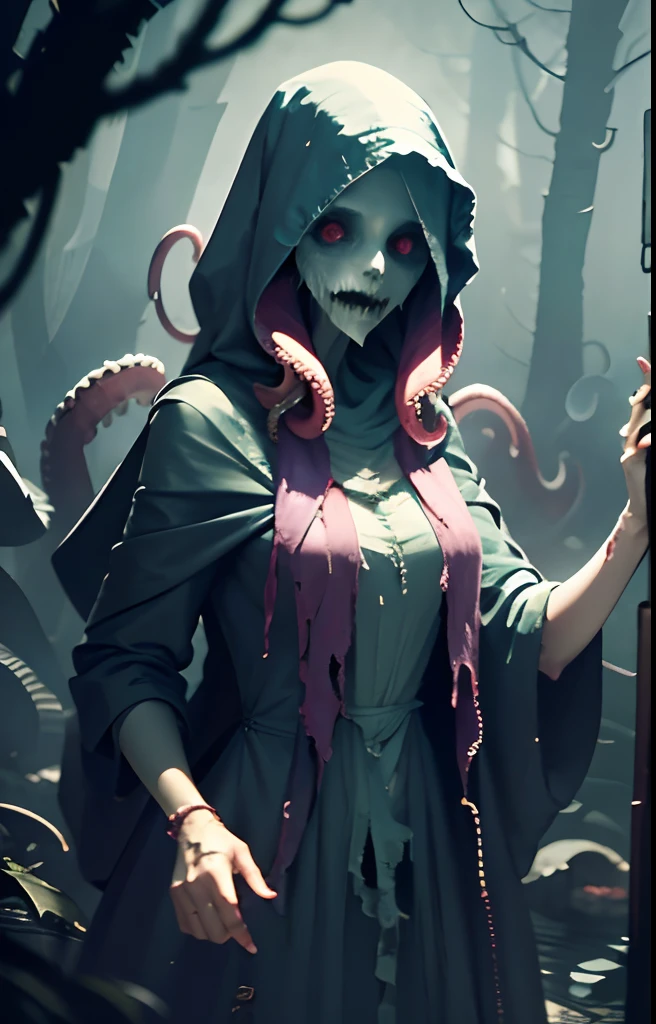 Creepy Girl, wrapped in cloth and rags, she walks through the swamp like a ghost. She has long purple hair, A lot of hands, eyes full of hatred, wicked smile. Long tentacles are visible from under her dress. She is a complete monster and no one can stop this horror. The swamp is immersed in fog and haze, and the girl hides in the fog to strangle and devour the next victim;