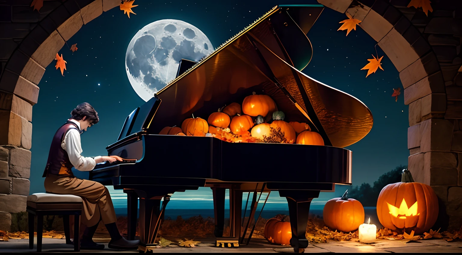 Classic 17th century man playing piano under the moon with pumpkins and autumn leaves everywhere
