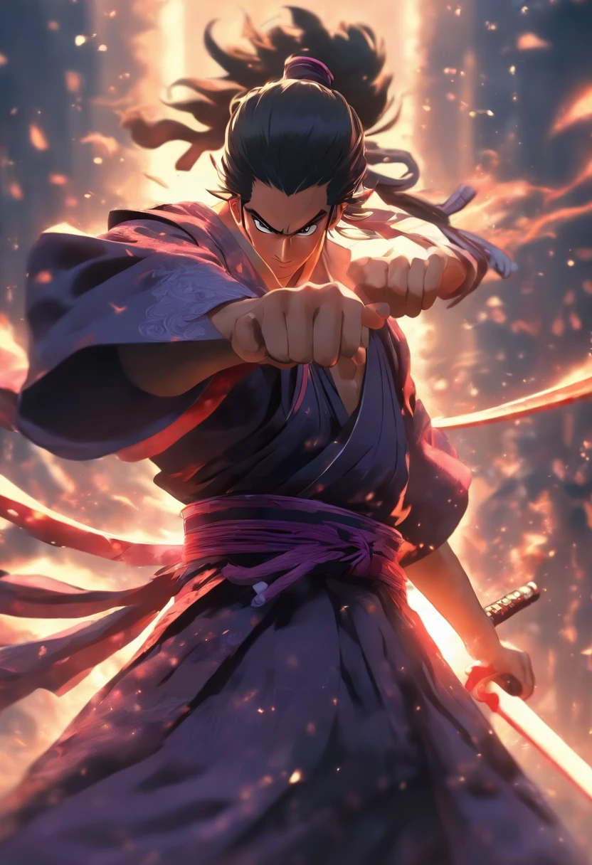 Fullbody shot, from ground level, high velocity, Ultra Realistic Photo, strong male model wearing a samurai robe, lighting hands, rendering by octane, elegantly, smiling, holding a sword, black , dark purple, black colors. Ponytail hair.