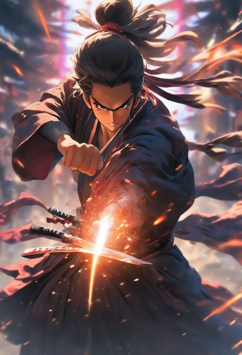 Fullbody shot, from ground level, high velocity, Ultra Realistic Photo, strong male model wearing a samurai robe, lighting hands, rendering by octane, elegantly, smiling, holding a sword, black , dark purple, black colors. Ponytail hair.