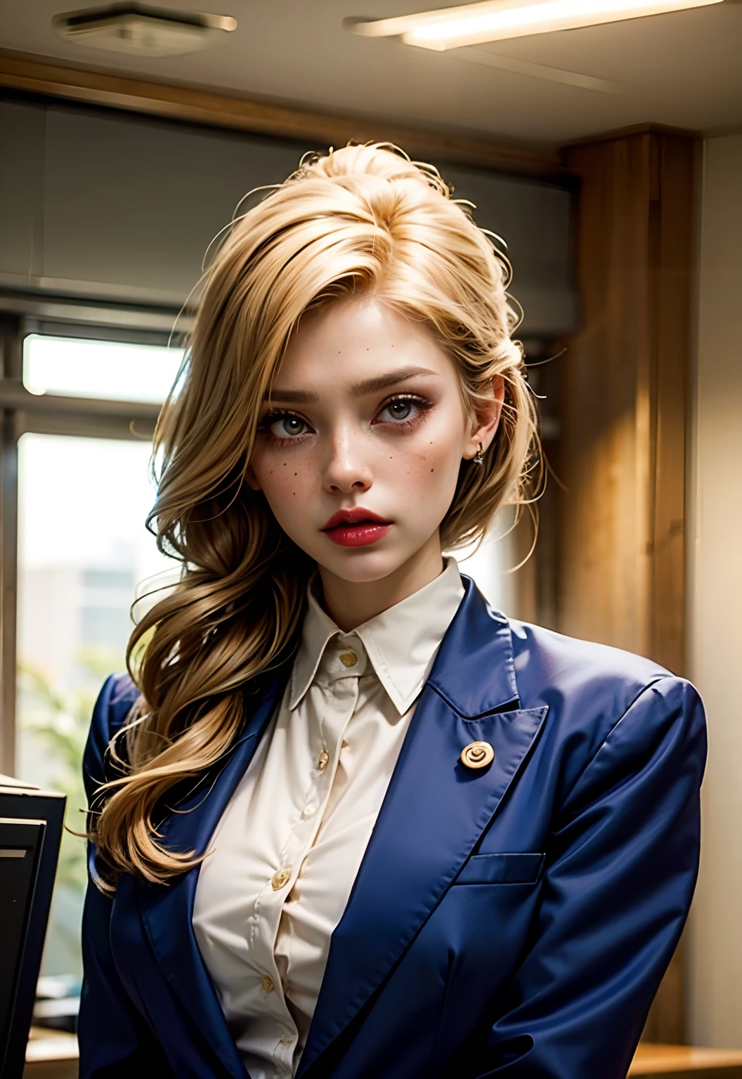 Caucasian woman in suit standing alone in office office、Beautie、broad shoulders、huge bust、big eye、Dark eyeshadow、red lipsticks、Freckles on the face、a blond、Longhaire、straight haired、Low ponytail、Watch the viewer with an angry face