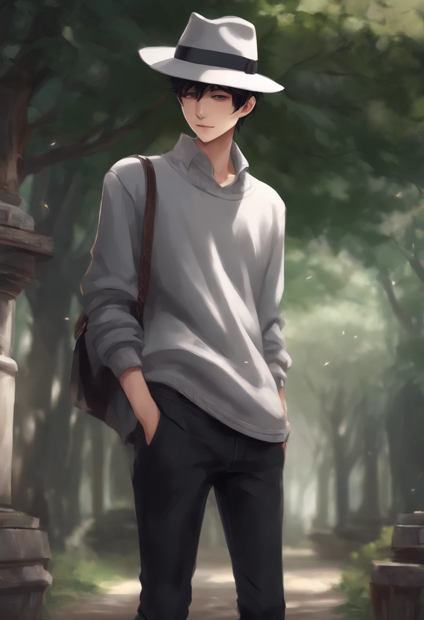 Tall anime asian boy, tipping a white and black fedora, wearing a grey sweater, 8k