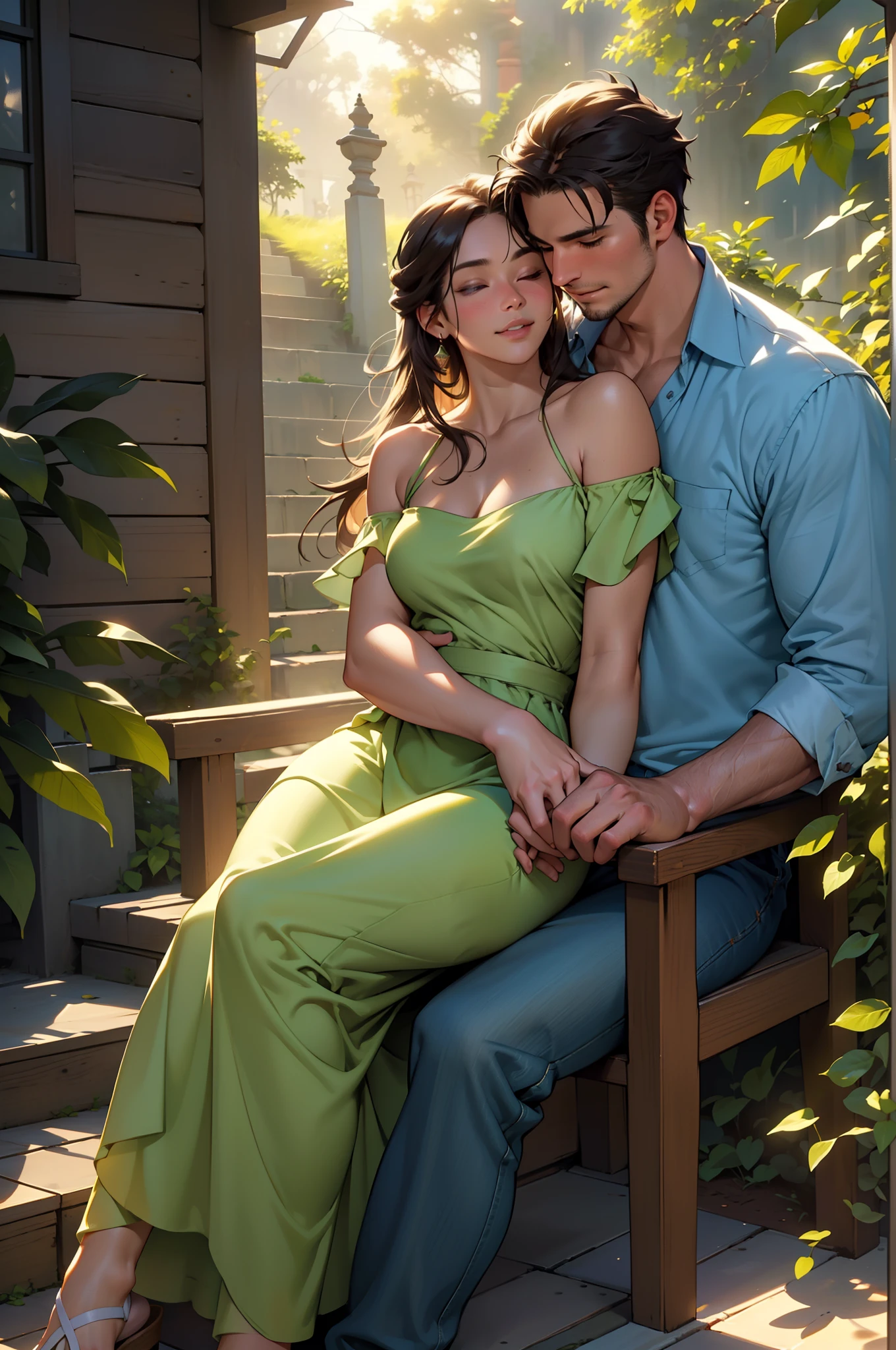 (best quality,4k,8k,highres,masterpiece:1.2),ultra-detailed,(realistic,photorealistic,photo-realistic:1.37),male and female couple,warm lighting,golden hour,spiral staircase,two people sitting on the stairs,enchanting atmosphere,romantic setting,beautiful woman wearing a green dress,flowing fabric,tall handsome man wearing a blue shirt and jeans perfect Anatomy, perfect detail perfect detail fingers, perfect detail hands, touch,affectionate embrace,intimate connection,admiring gazes,sweet smiles,blissful happiness,dappled sunlight,serene ambience,tranquil moment,love in the air,emotional connection,unforgettable memories