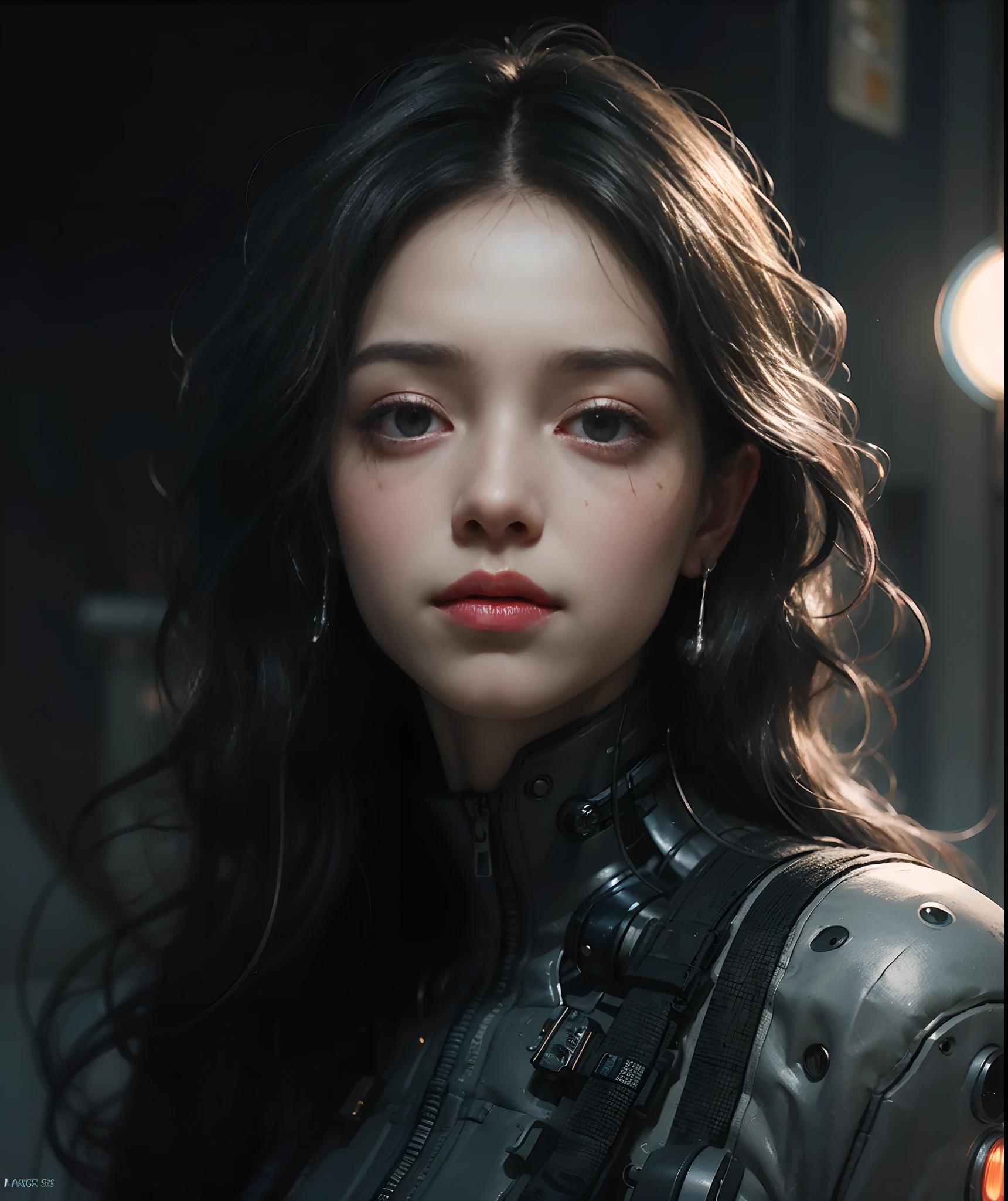 Detailed portrait cyberpunk (sks woman) (40 year old sks woman), futuristic neon reflective wear, sci-fi, robot parts, ismail inceoglu dragan bibin hans thoma greg rutkowski alexandros pyromallis nekro rene margitte illustrated, perfect face,  ((tattoo)), (long hair),, matte skin, pores, wrinkles, hyperdetailed, hyperrealistic,, Moody Lighting, Hasselblad Award Winner, Soft Diffuse Lighting,  Smirk,, machine face, fine details, realistic shaded, intricate, elegant,