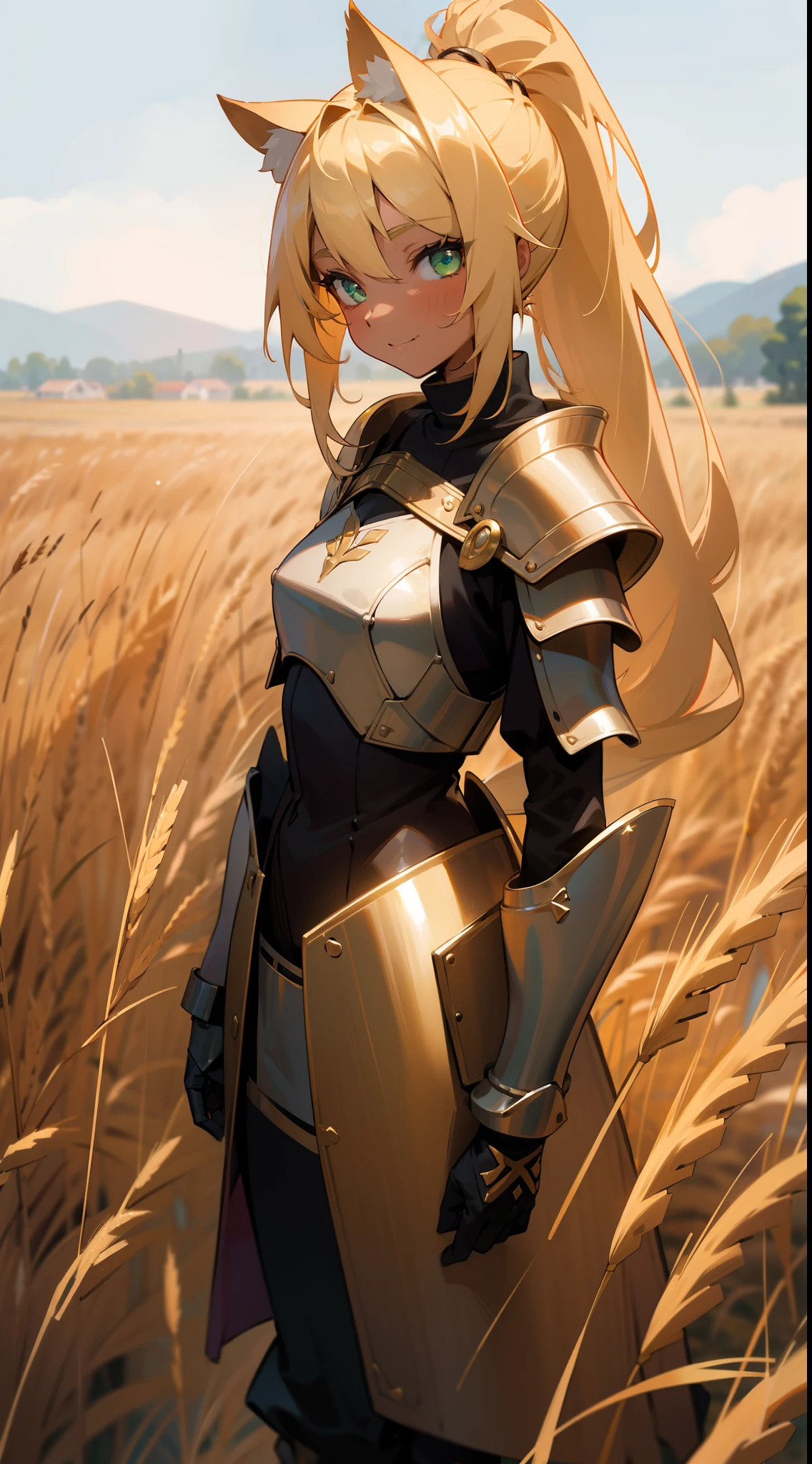 (Original Character,8k, Masterpiece, Best Quality,Detailed, Beautiful Detailed Eyes, solo),1girl ,20s,happy face,black ande golden knight armor,small tits,blonde hair,long hair,ponytail hair,green eyes,blonde Cat ears,((standing in a a rural street with wheat fields)),(colored skin,Extremy black skin),cowboy shot,