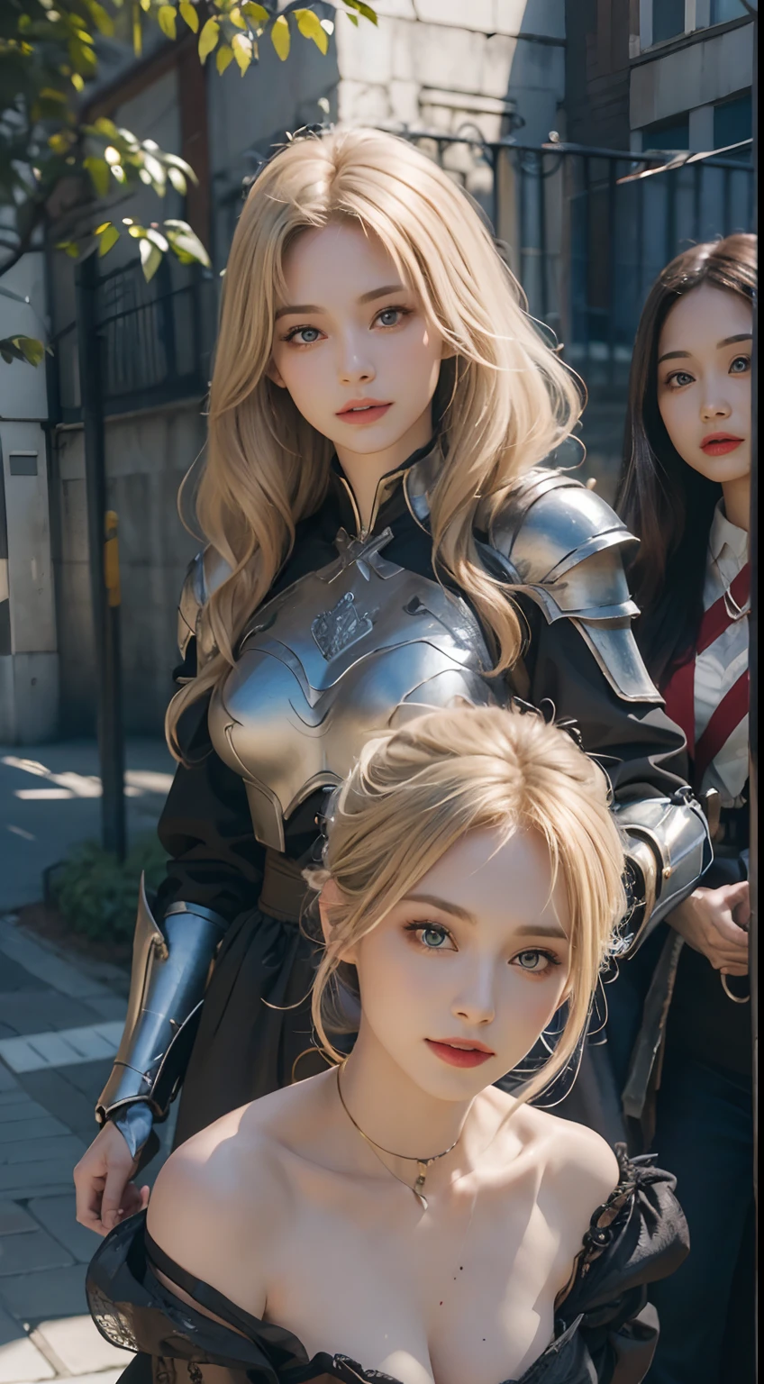 Realistic lighting, Top Quority, 8K resolution, (masterpiece: 1.3), (Clear focus: 1.2), 1 girl, delicate face, big double eyelids, Sensual expression, Perfect anatomy of the body, (perfect body: 1.6), (big chest 1.7), long blonde hair, (best breasts: 1.8), armor, long knife, magia, exterior, (date: 1.1), 1080p, hyper HD, texture, super detailed, best quality, high detail, highest quality.