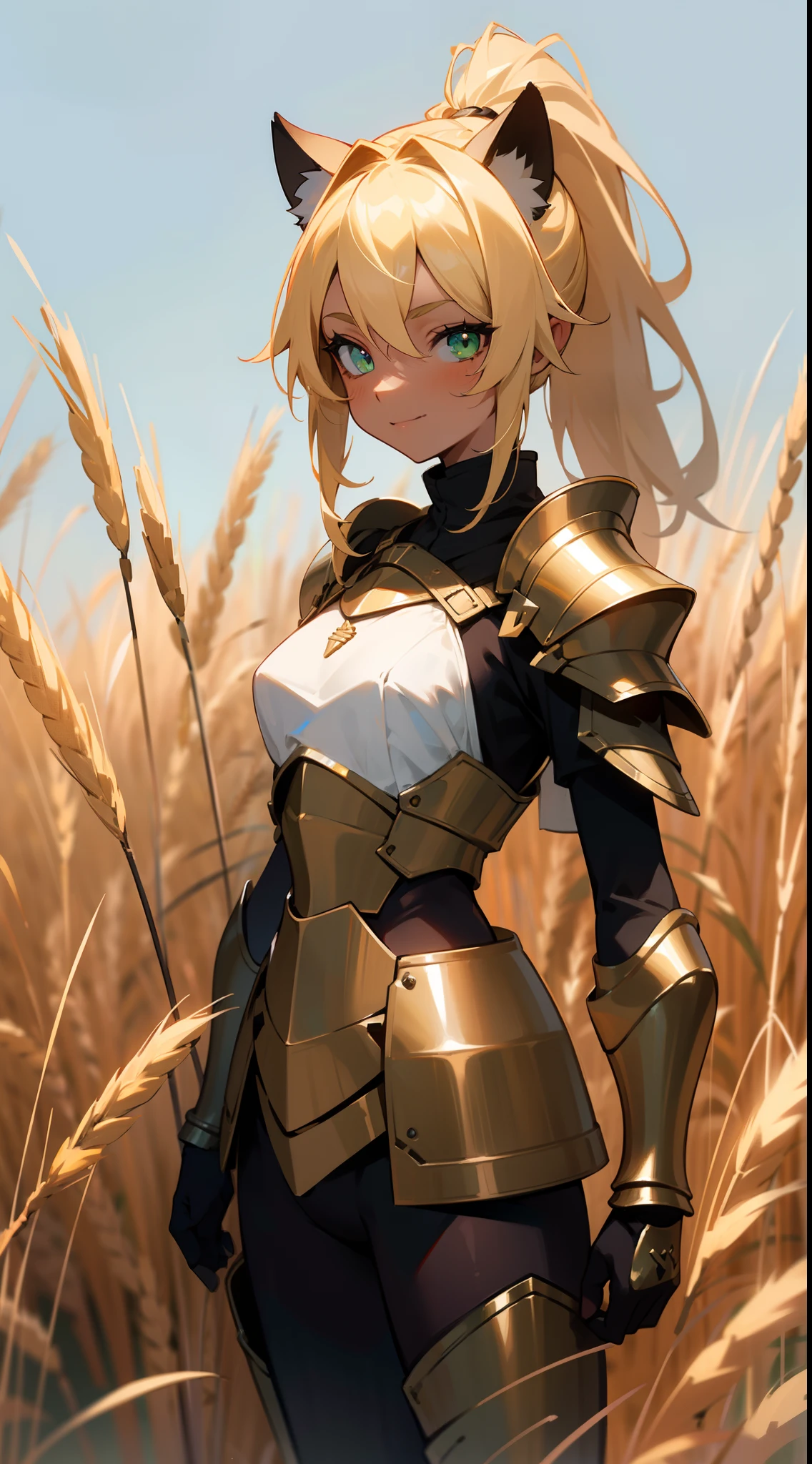 (Original Character,8k, Masterpiece, Best Quality,Detailed, Beautiful Detailed Eyes, solo),1girl ,20s,happy face,black ande golden knight armor,small tits,blonde hair,long hair,ponytail hair,green eyes,blonde Cat ears,((standing in a a rural street with wheat fields)),(colored skin,Extremy black skin),cowboy shot,