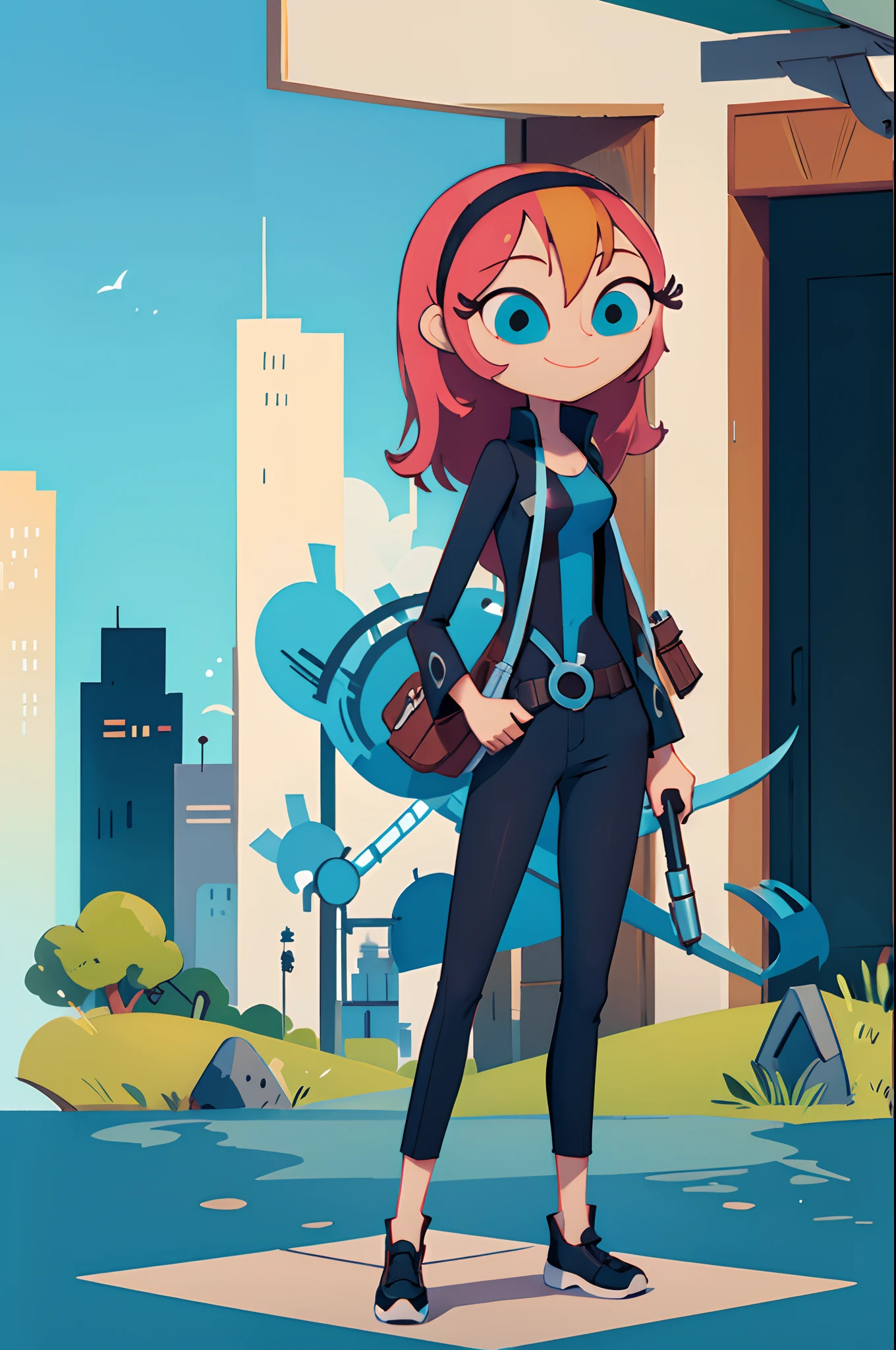 Agent Xero, full body, standing ,city, 1girl, smile
