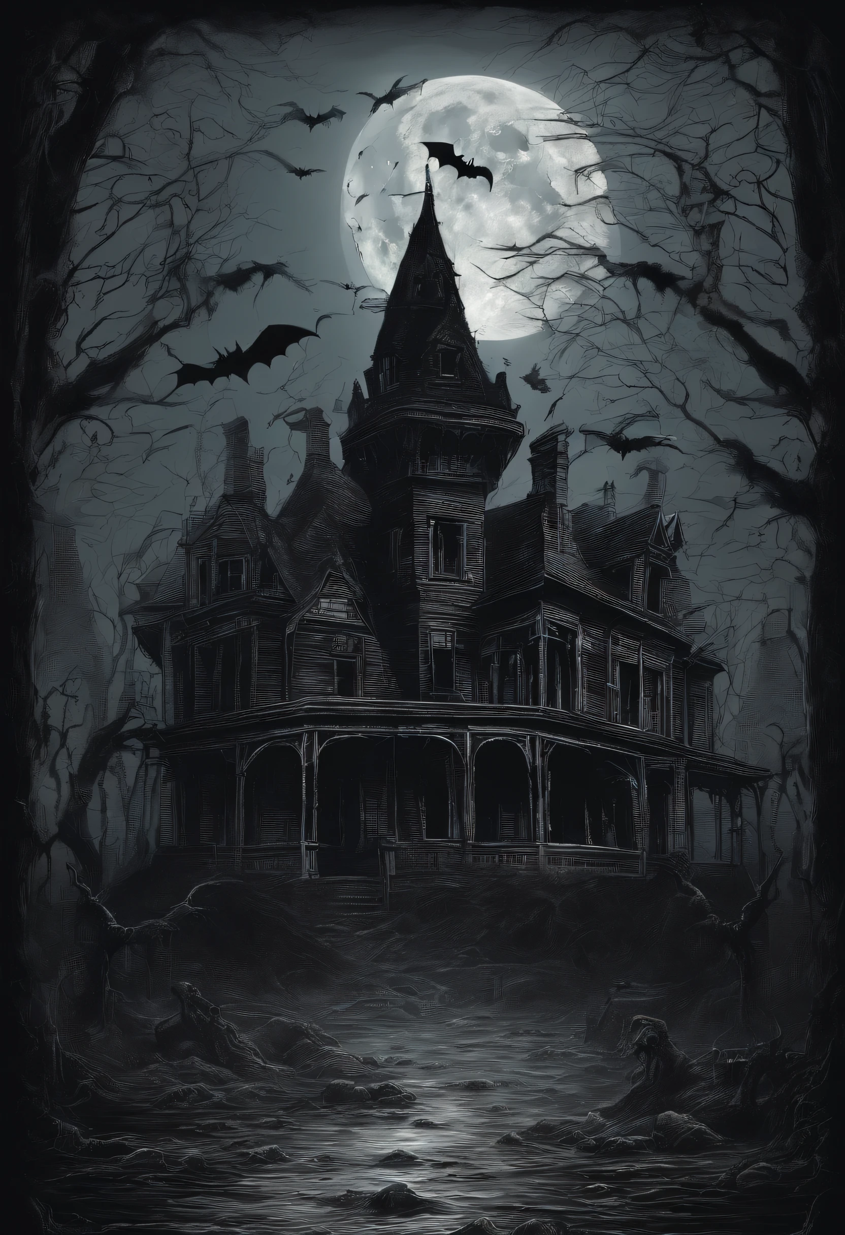 Moonlit forest, haunted castle, flying bats, witches' shadows, foggy ambiance, eerie lights, ghostly silhouettes, dripping letters, ghoulish treats, costume contest.