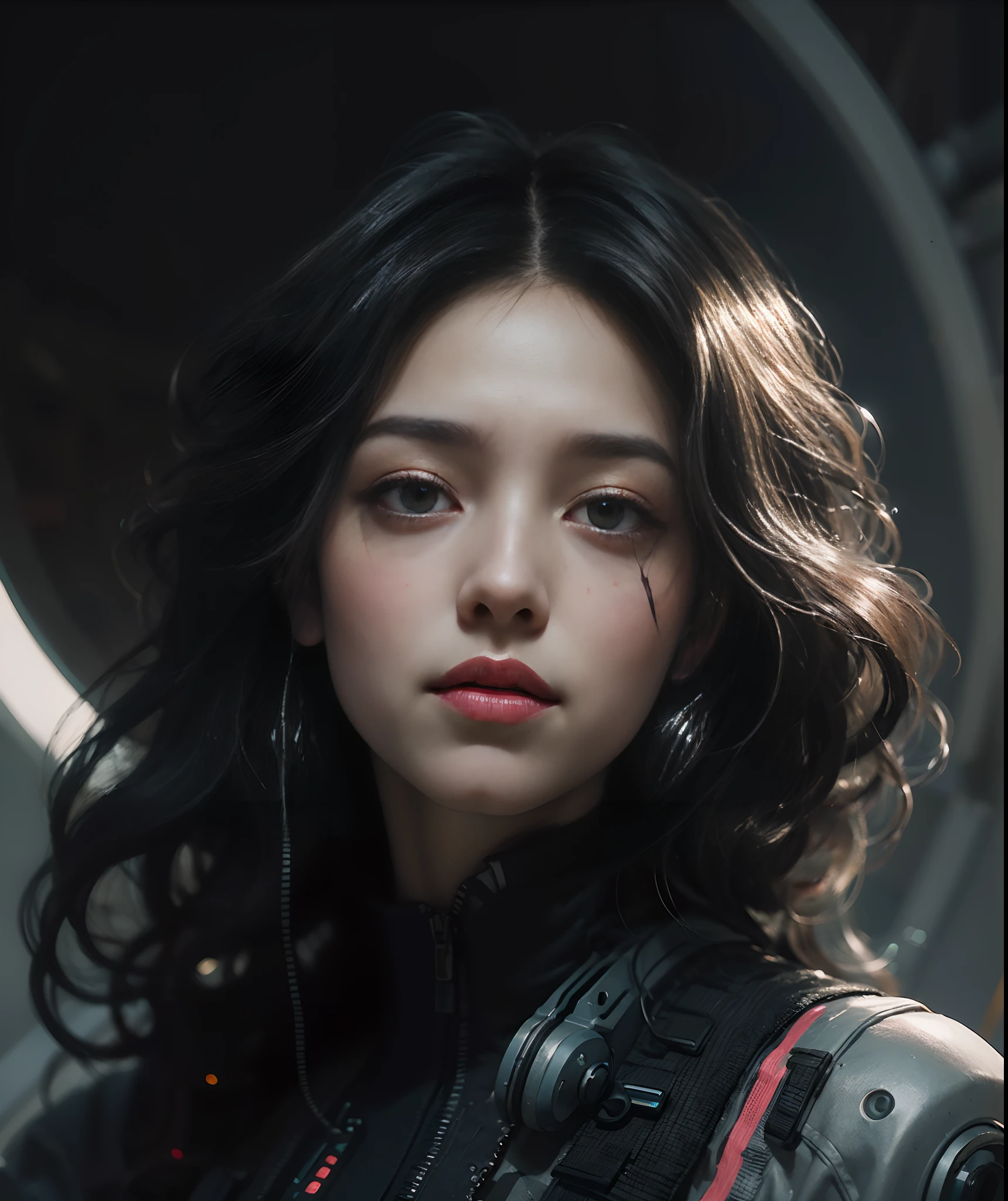 Detailed portrait cyberpunk (sks woman) (40 year old sks woman), futuristic neon reflective wear, sci-fi, robot parts, ismail inceoglu dragan bibin hans thoma greg rutkowski alexandros pyromallis nekro rene margitte illustrated, perfect face,  ((tattoo)), (long hair),, matte skin, pores, wrinkles, hyperdetailed, hyperrealistic,, Moody Lighting, Hasselblad Award Winner, Soft Diffuse Lighting,  Smirk,, machine face, fine details, realistic shaded, intricate, elegant,
