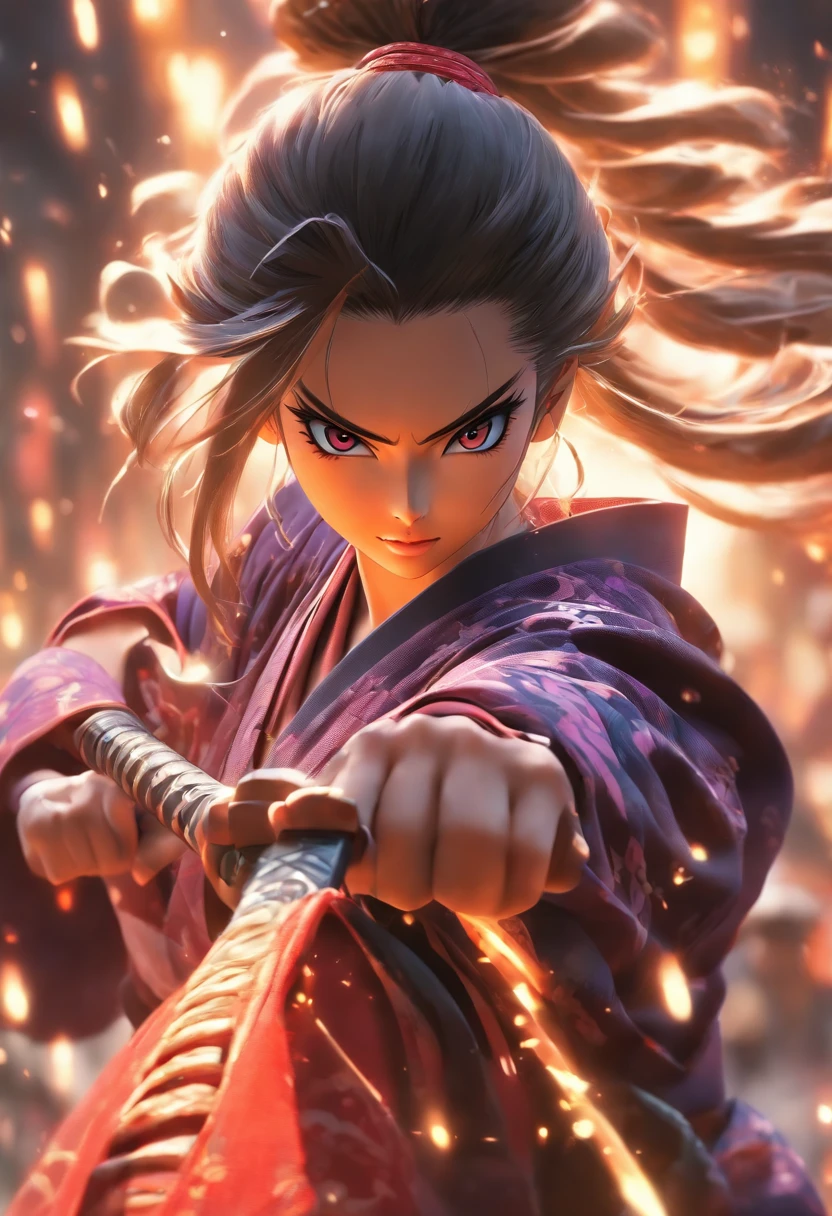 Fullbody shot, from ground level, high velocity, Ultra Realistic Photo, strong female model wearing a samurai robe, white eyes, lighting hands, rendering by octane, elegantly, smiling, holding a sword, black , dark purple, black colors. Ponytail hair.