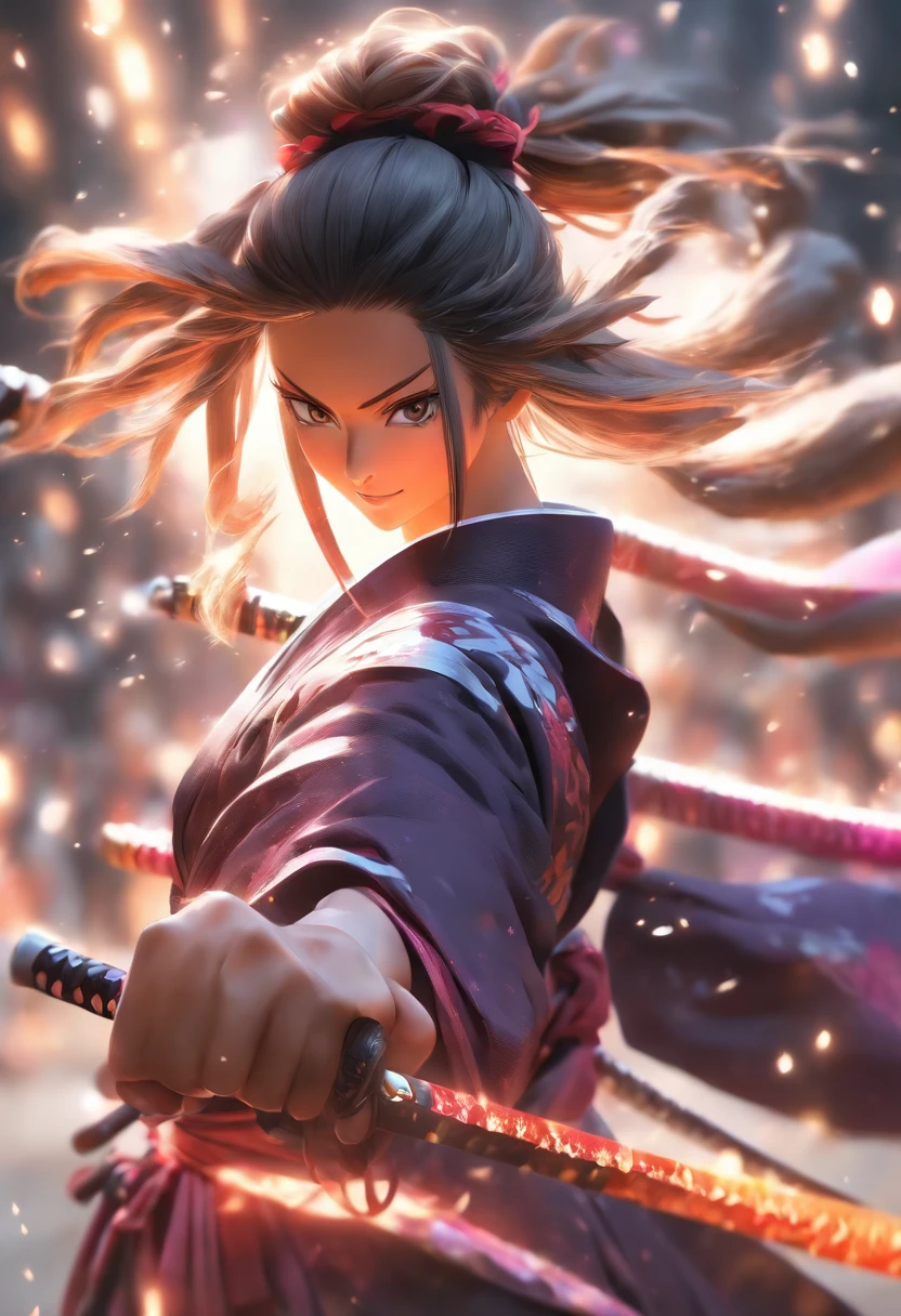 Fullbody shot, from ground level, high velocity, Ultra Realistic Photo, strong female model wearing a samurai robe, white eyes, lighting hands, rendering by octane, elegantly, smiling, holding a sword, black , dark purple, black colors. Ponytail hair.