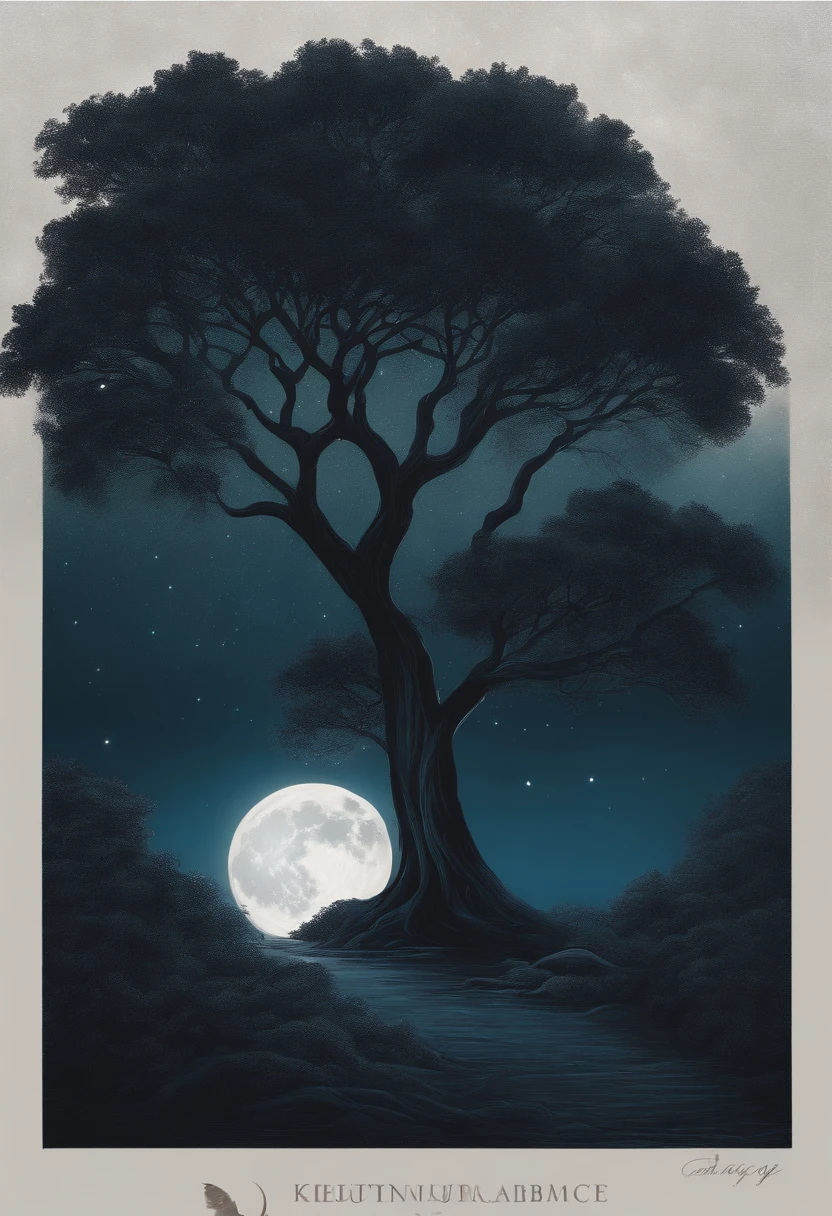 a detailed illustration of a dark night with a majestic moon shining through the branches of a tall mocha tree, creating a mysterious and enchanting atmosphere. The moonlight illuminates the scene, casting ethereal shadows on the ground. The tree is adorned with lush leaves and delicate branches, twisting and reaching towards the sky. The moon is large and radiant, with a gentle glow that bathes the surroundings in a soft silver light. The night sky is filled with twinkling stars, creating a sense of tranquility and serenity. The scene is rendered in high resolution, capturing every fine detail and texture of the tree and its surroundings. The colors are vivid and vibrant, with a mix of deep blues and dark greens that add to the nocturnal ambiance. The lighting is expertly executed, with a play of light and shadows that accentuates the depth and beauty of the scene.