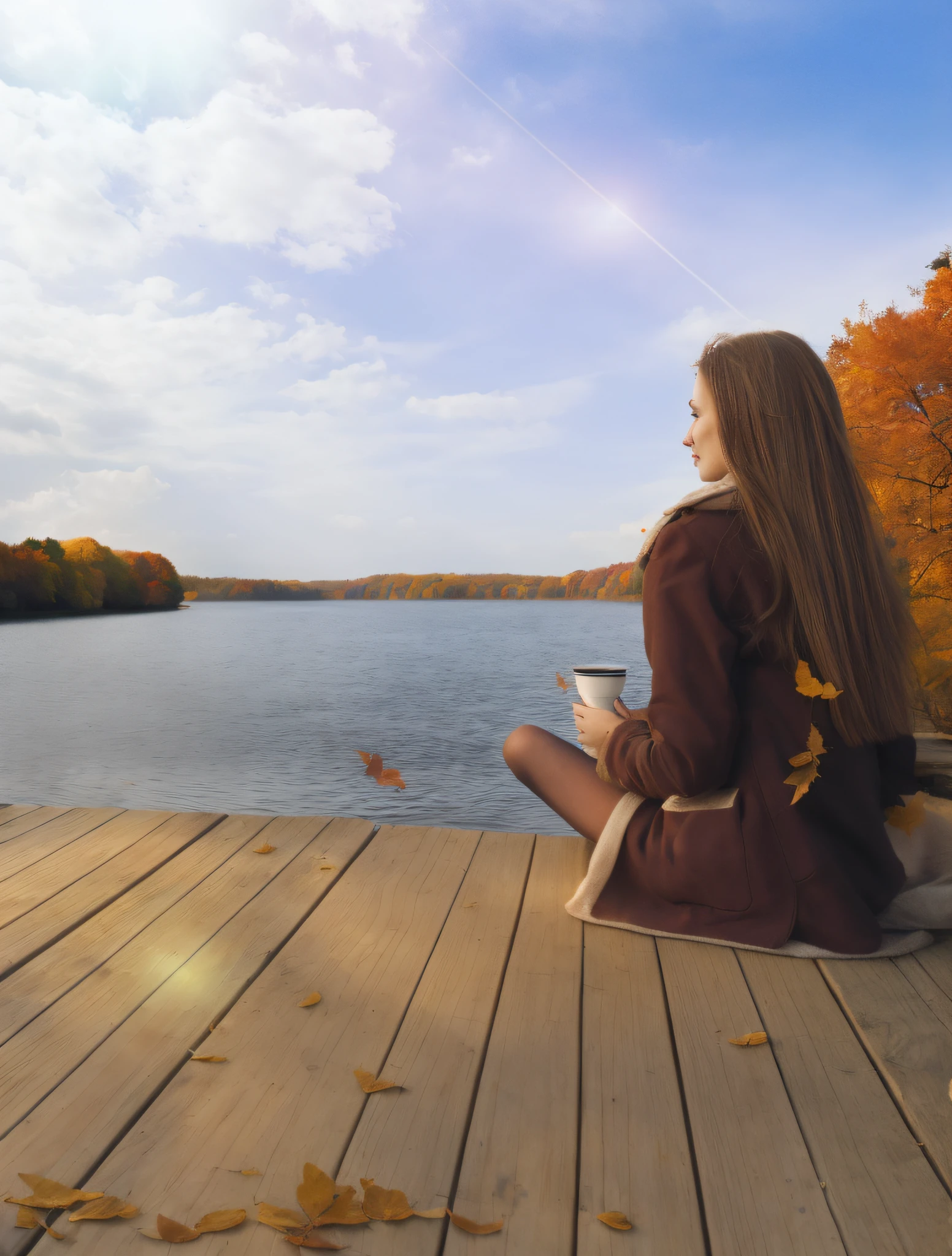 Woman sitting on a pier with a cup of coffee, Sitting in front of the lake, Sitting on a wooden pier, Sitting on a wooden pier, beautiful girl on the horizon, sitting on a mocha-colored table, sitting near a river, sitting, Relax and be happy, exclusive, in the autumn, Woman drinking coffee, at sunrise, Beautiful lonely girl, autumn, golden foliage, The leaves turn yellow, sunlight rays