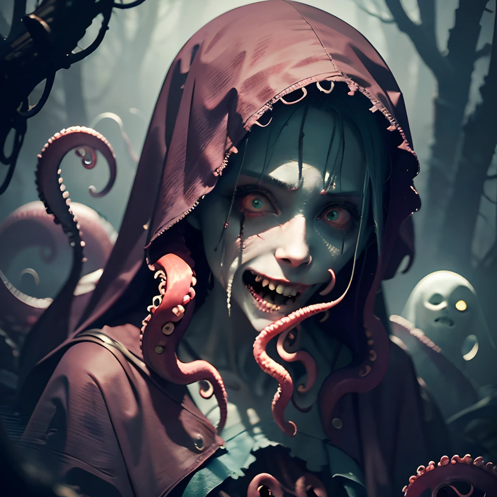 Creepy Girl, wrapped in cloth and rags, she walks through the swamp like a ghost. She has long purple hair, A lot of hands, eyes full of hatred, wicked smile. Long tentacles are visible from under her dress. She is a complete monster and no one can stop this horror. The swamp is immersed in fog and haze, and the girl hides in the fog to strangle and devour the next victim; The girl's eyes are clear, Red, Expressive, they radiate hatred. High-quality photo, foto realista, 8k, Cinematic quality