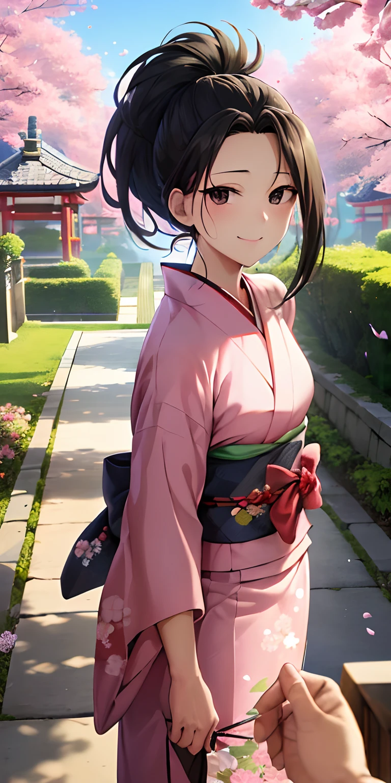 (best quality:1.3), yaoyorozu momo, peituda, clivagem, collant, (Pov, Fechar Tiro) , Japanese casual tradition clothes, no skin reveal, mansion garden , sunlight , smiling , flowers , beautiful kimono flowers texture , pink kimono