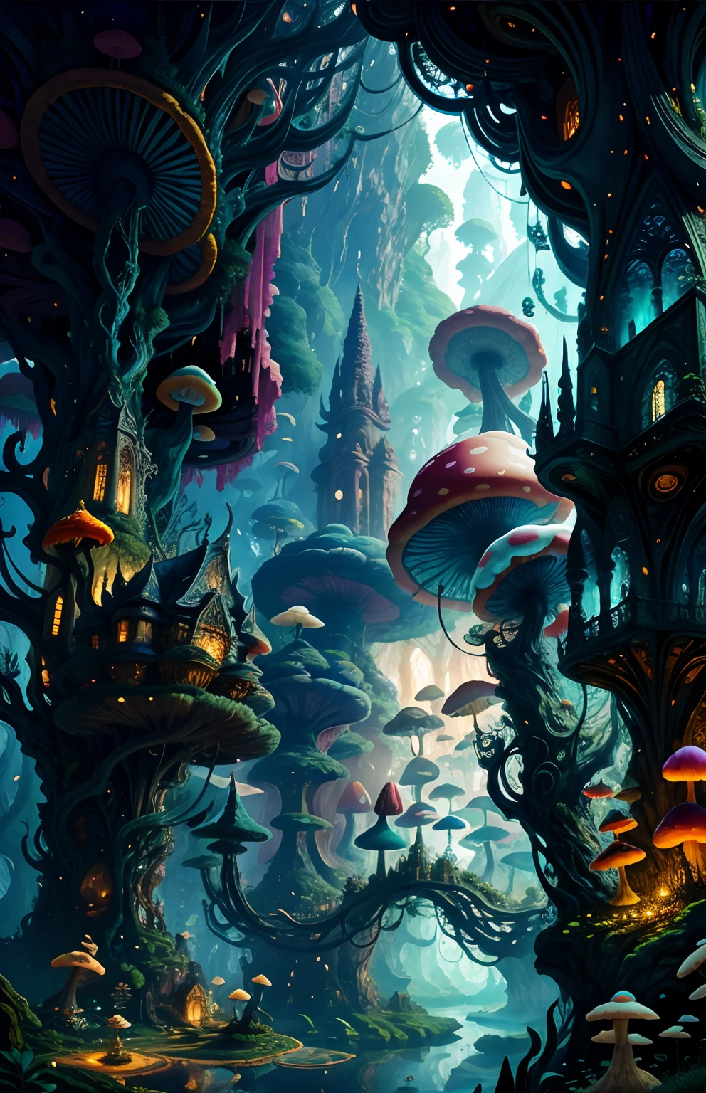 A surreal landscape with giant mushrooms and intricate architecture, bathed in a soft and ethereal light that highlights every intricate detail and adds a dreamlike quality to the scene, There is a cave in the midst of the giant vines that can be explored, with more vines to be discovered.The image is bright with a daytime color palette.