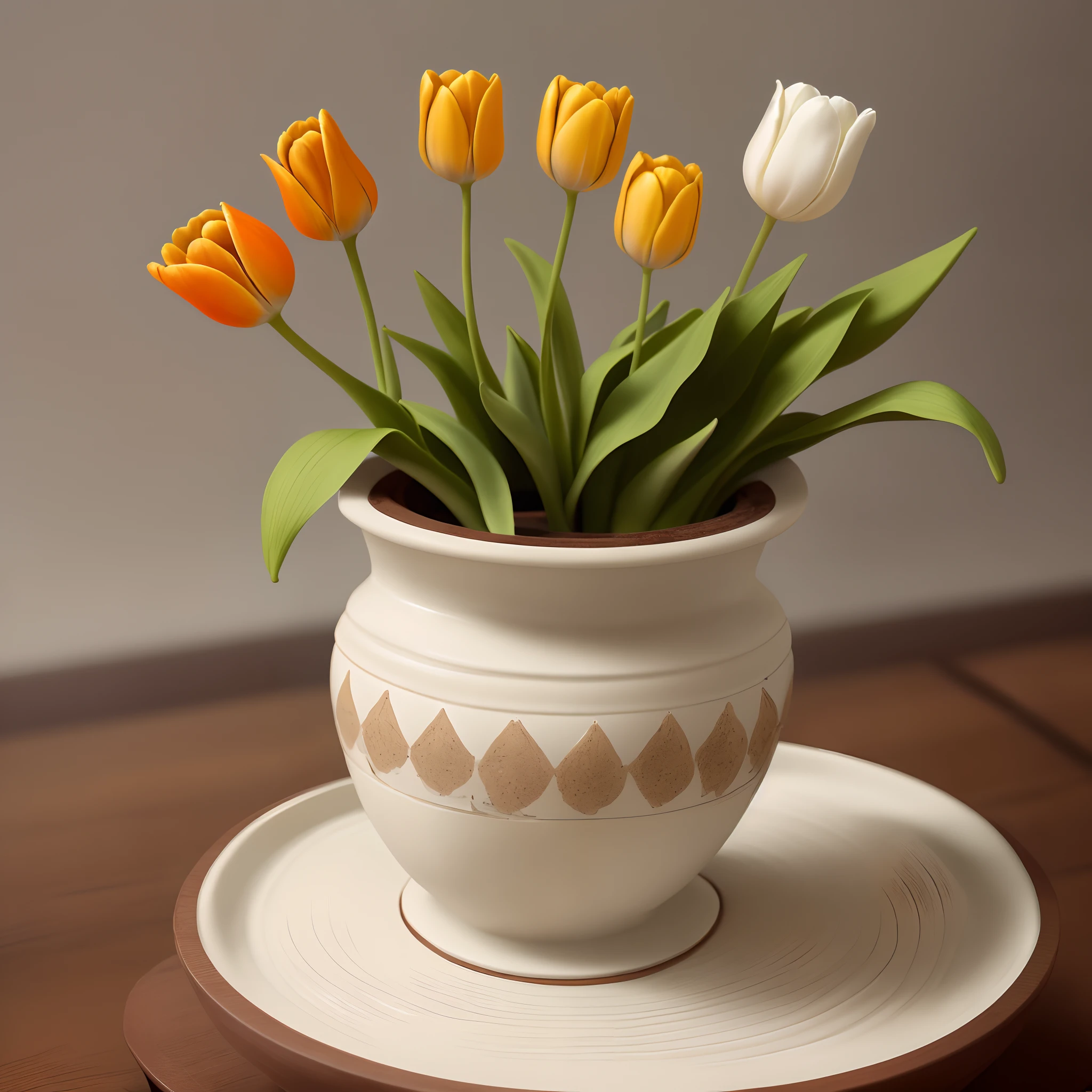 In a beautiful ceramic pot with an ornament grows a yellow tulip with a fringed edge of petals. A creamy orange butterfly sat on the edge of the pot