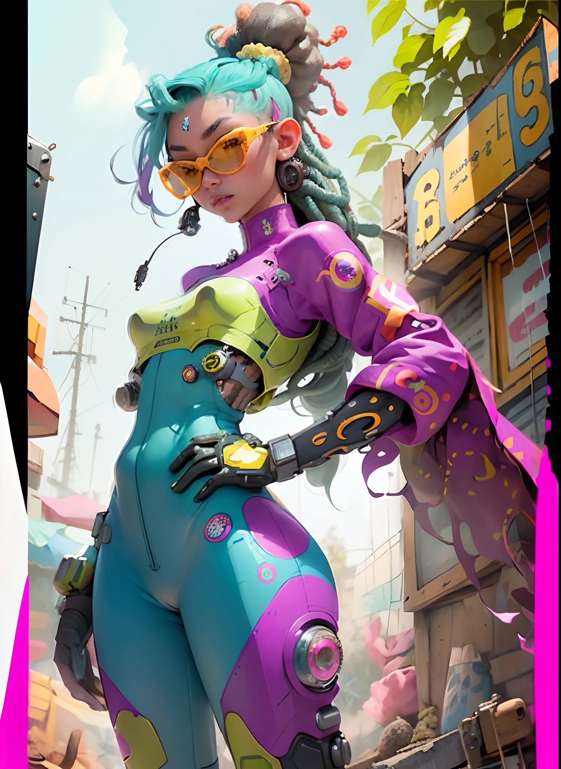 "1 cyborg girl with tattoos, dread hair in spring, puffer suit, vibrant and luminous colors, sharp and cinematic style, depth of field, capturing the essence of 35mm film, and a touch of luminous painting, standing full body details, Sexy poses."