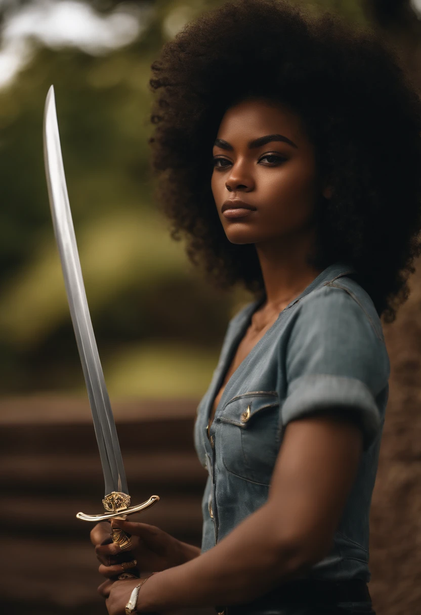 menina de 15 anos, agente ???, pele negra, cabelos afro, katana na cintura
