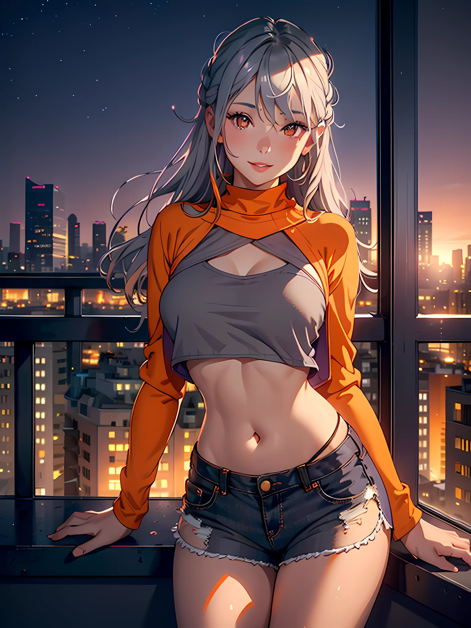 masterpiece, best quality, beautiful lighting, 1 girl, gray hair, (orange eyes:1.2), crop top, shorts, smile, looking at viewer, delicate eyes and face, purple twilight sky, city skyline, parted lips, balcony