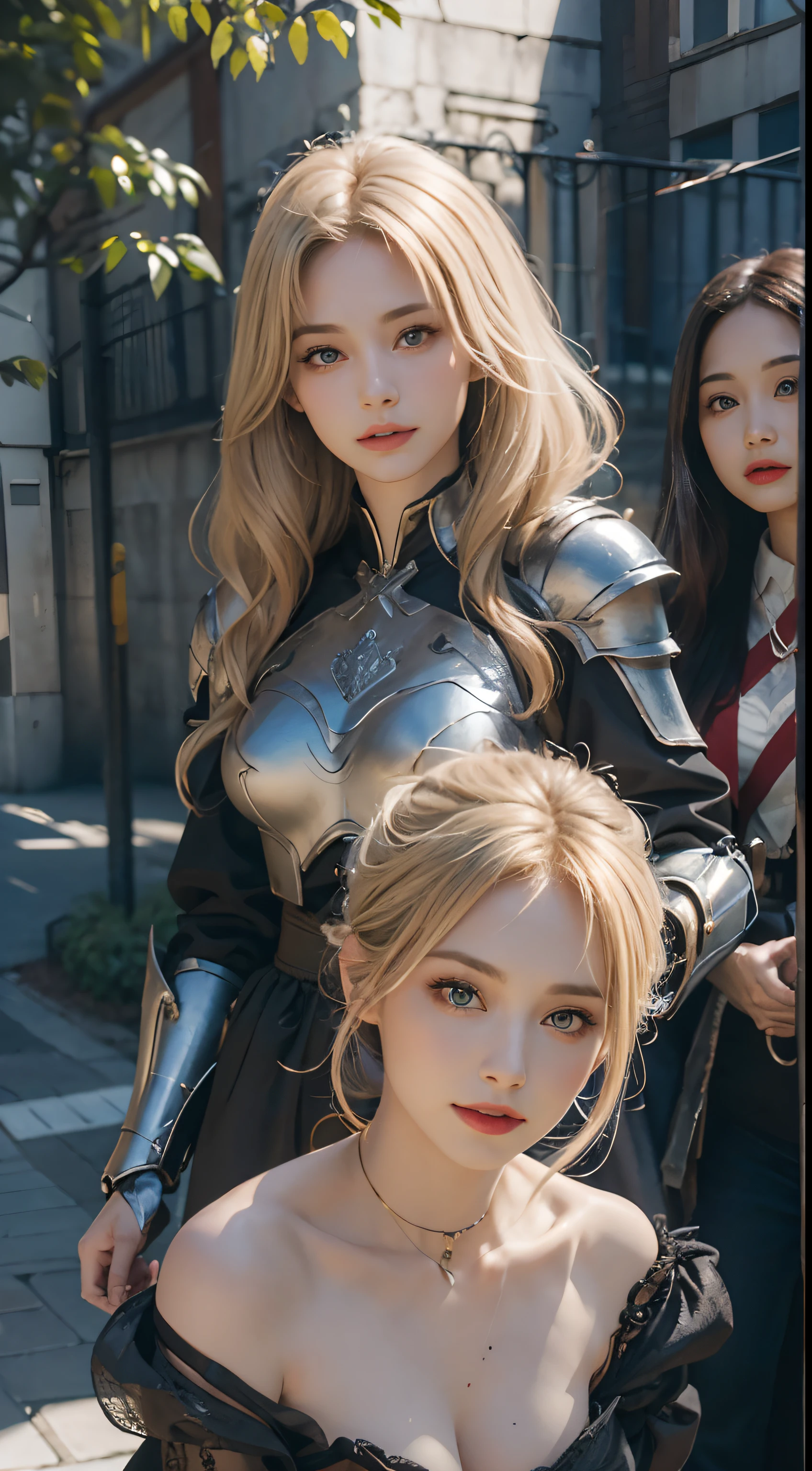 Realistic lighting, Top Quority, 8K resolution, (masterpiece: 1.3), (Clear focus: 1.2), 1 girl, delicate face, big double eyelids, Sensual expression, Perfect anatomy of the body, (perfect body: 1.6), (big chest 1.7), long blonde hair, (best breasts: 1.8), armor, long knife, magia, exterior, (date: 1.1), 1080p, hyper HD, texture, super detailed, best quality, high detail, highest quality.