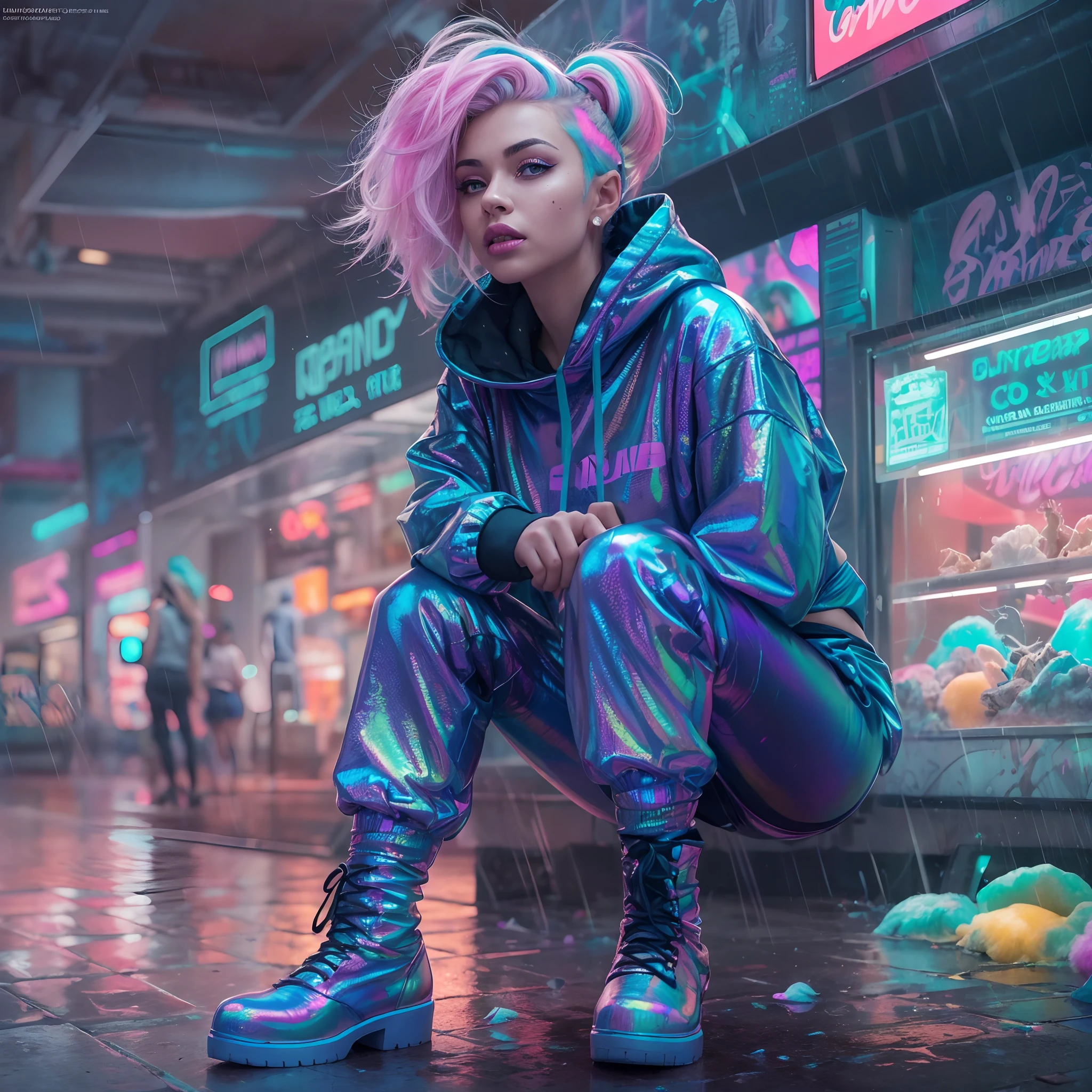 (poster) y2k aesthetic, ((woman with iridescent cotton candy hair in a holographic crop top hoodie)), (photorealistic:1.5), ((scifi fantasy art)), (platform pump boots), aquarium, Cyan, Green, Purple, pink, yellow, Blue, gradient, Black Background, full body, Dynamic Pose, floating, Fluorescent, UV, Surreal, (Graffiti:1.2), Stars, UV_fluorescence, colorful, full body, wide hips, underboob, sweaty, (in cyberpunk shopping mall), at night, neon, rain, foggy, detailed, lounging