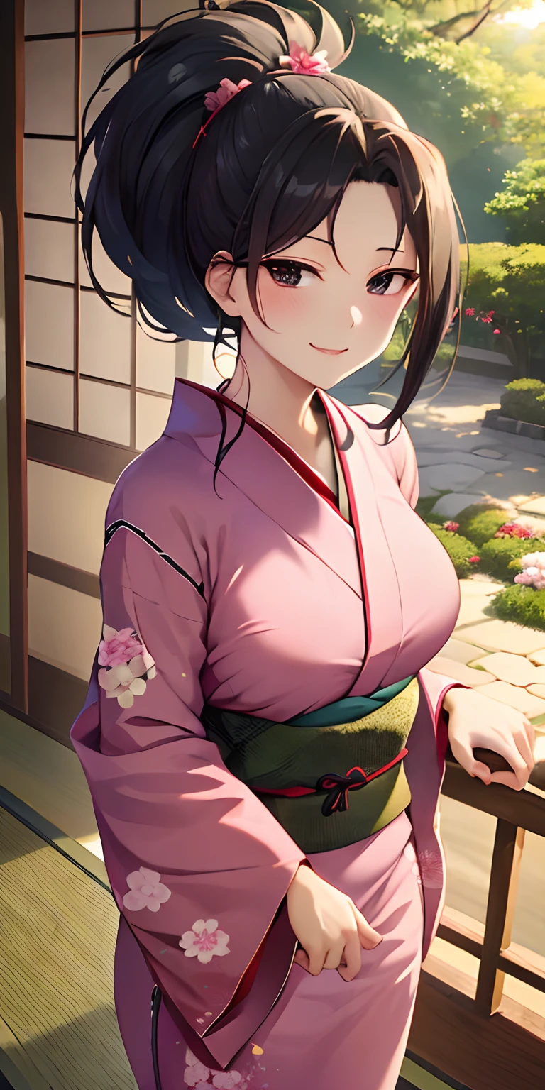 (best quality:1.3), yaoyorozu momo, peituda, clivagem, collant, (Pov, Fechar Tiro) , Japanese casual tradition clothes, no skin reveal, mansion garden , sunlight , smiling , flowers , beautiful kimono flowers texture , pink kimono