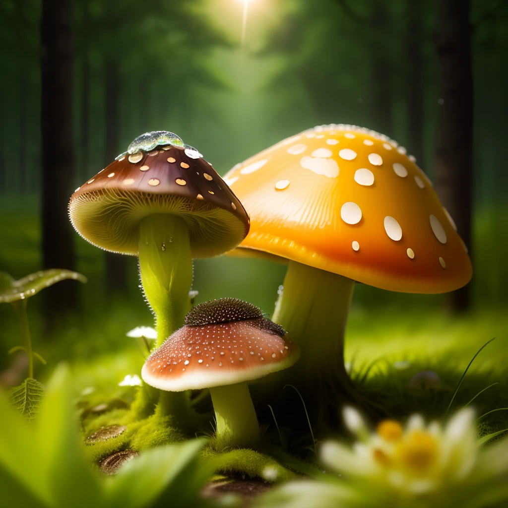 An ant sits on a mushroom, next to it are dew drops;. The background is a forest, grass, Flowers, sun.