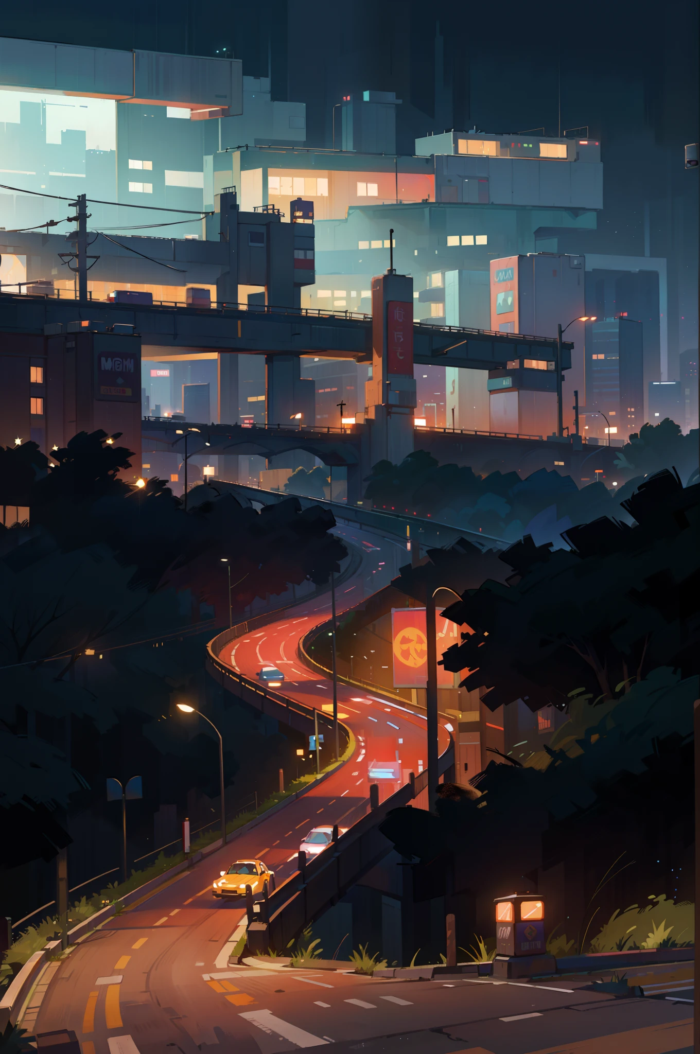 (best quality,4k,8k,highres,masterpiece:1.2),ultra-detailed,(realistic,photorealistic,photo-realistic:1.37),night highway street amoung trees,big city in background,car light trails,glowing street lamps,reflection on wet pavement,impressive skyscrapers silhouette,urban atmosphere,dynamic motion,taillights streaking,deep contrasts,dense city lights,neon signs,romantic moonlight,quiet and mysterious,high-speed traffic,star-filled night sky,majestic cityscape,fluid brush strokes,colorful lights,highway overpass,slight foggy atmosphere,luminous architecture,vehicle headlights piercing the darkness,serene street scene,nighttime urban hustle and bustle,moody atmosphere.