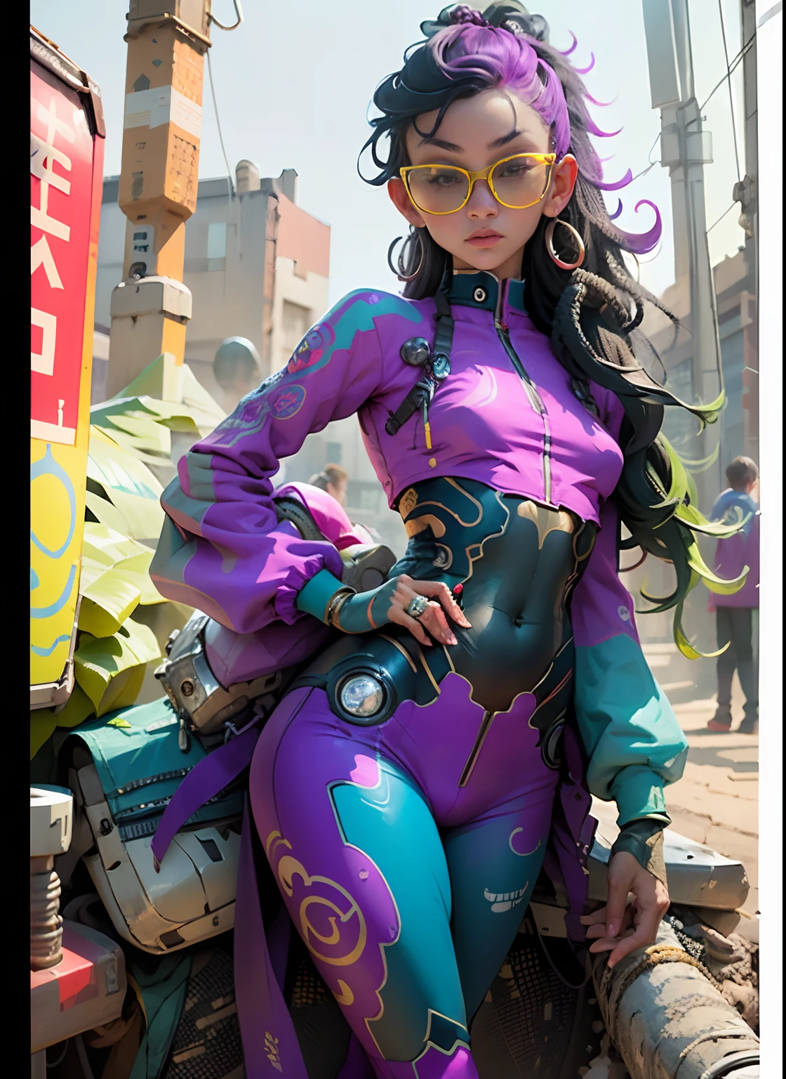 "1 cyborg girl with tattoos, dread hair in spring, puffer suit, vibrant and luminous colors, sharp and cinematic style, depth of field, capturing the essence of 35mm film, and a touch of luminous painting, standing full body details, Sexy poses."